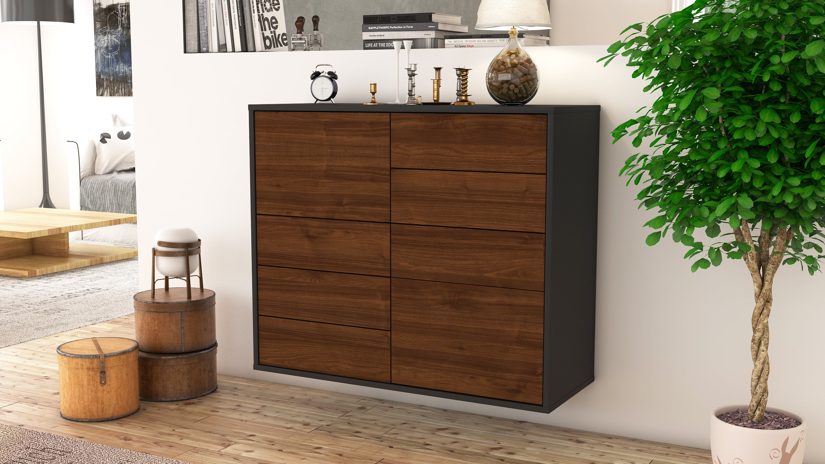 Sideboard - Clarissa - Design Holzdekor - Wandmontiert mit Push to open  92 cm Anthrazit
