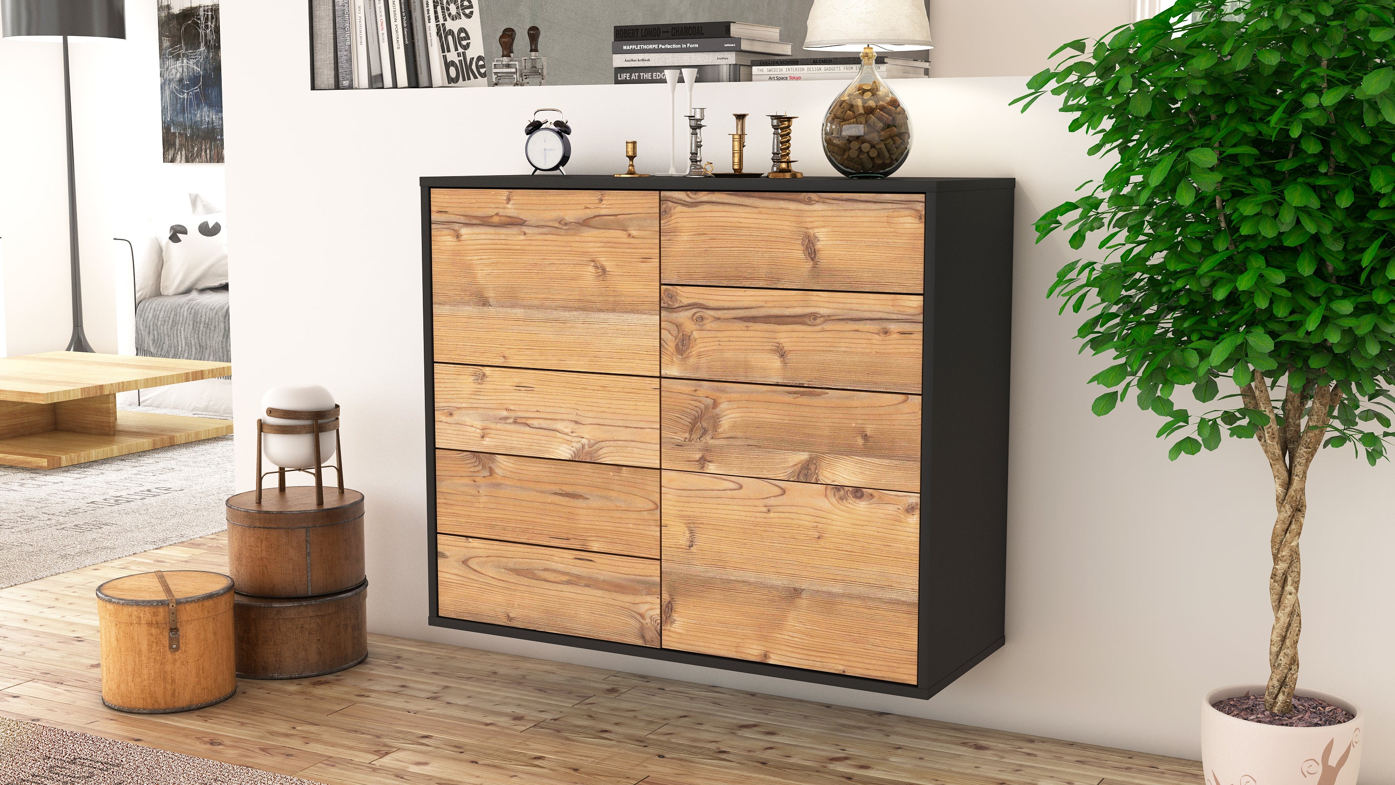 Sideboard - Clarissa - Design Holzdekor - Wandmontiert mit Push to open  92 cm Anthrazit