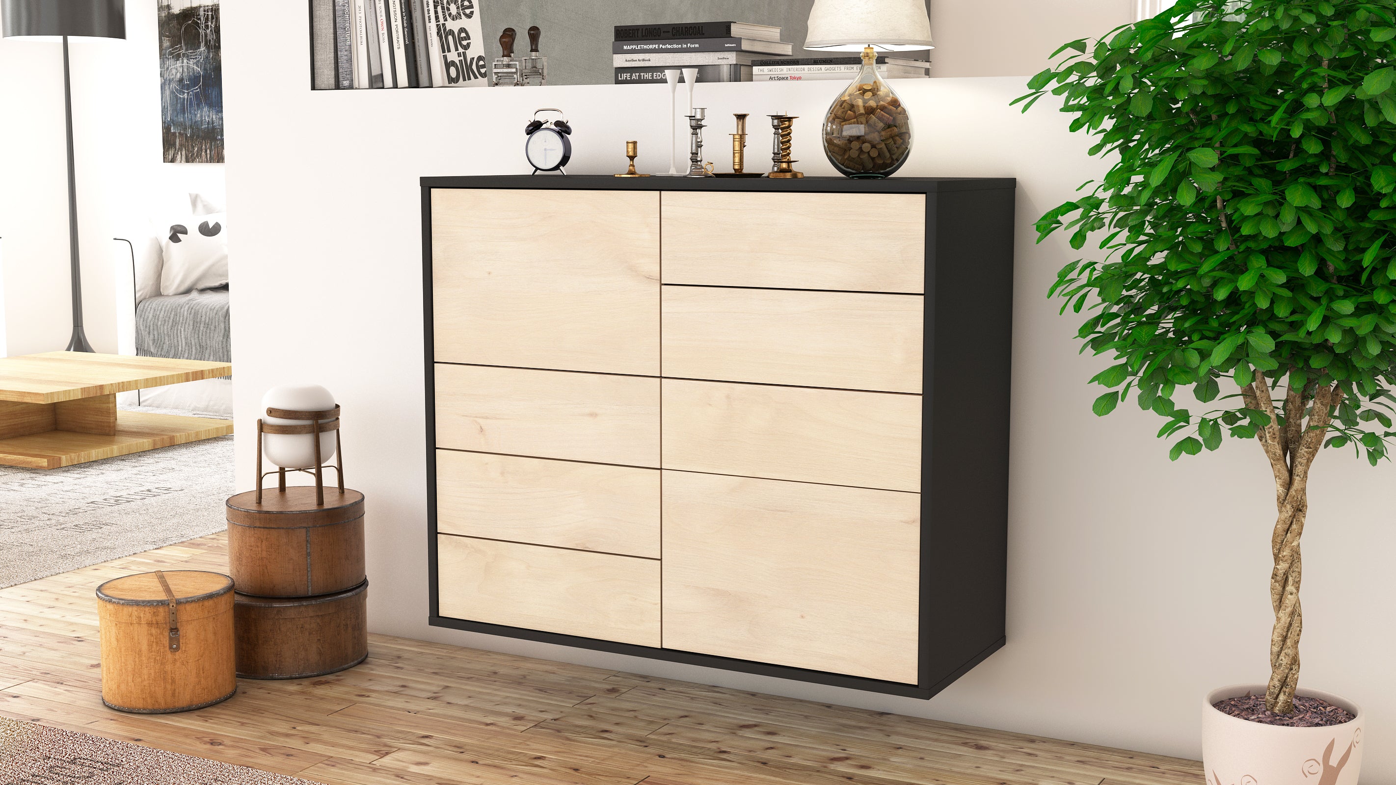 Sideboard - Clarissa - Design Holzdekor - Wandmontiert mit Push to open  92 cm Anthrazit
