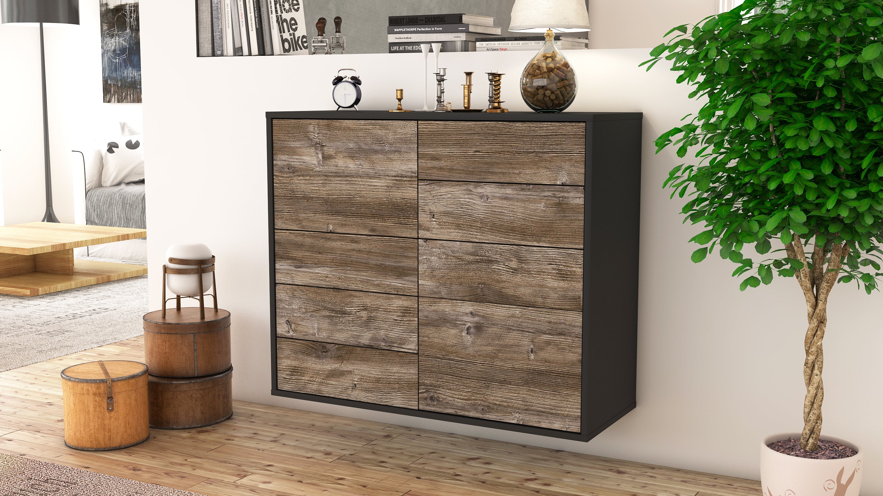 Sideboard - Clarissa - Design Holzdekor - Wandmontiert mit Push to open  92 cm Anthrazit