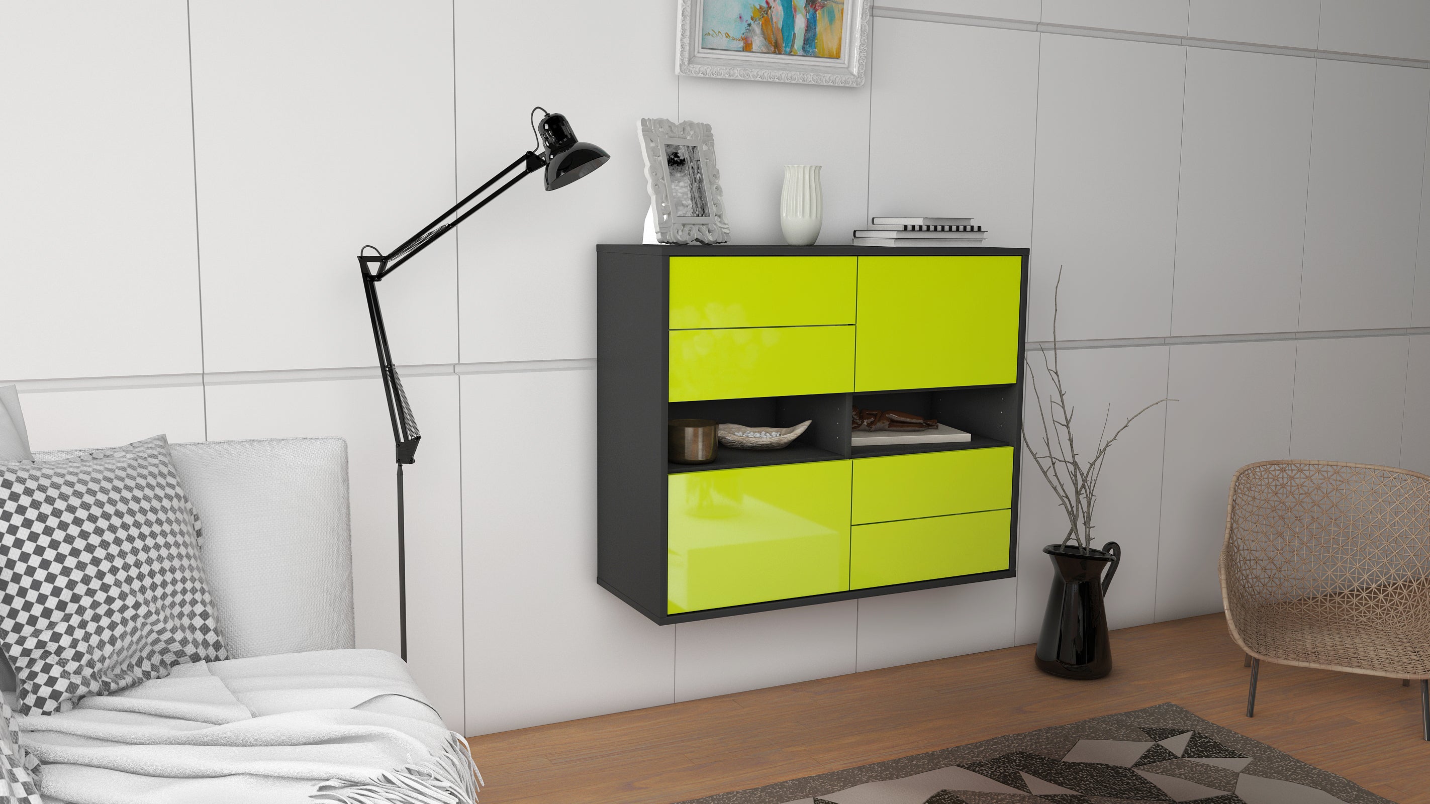 Sideboard - Claudia - Design Hochglanz - Wandmontiert mit Push to open  92 cm Anthrazit