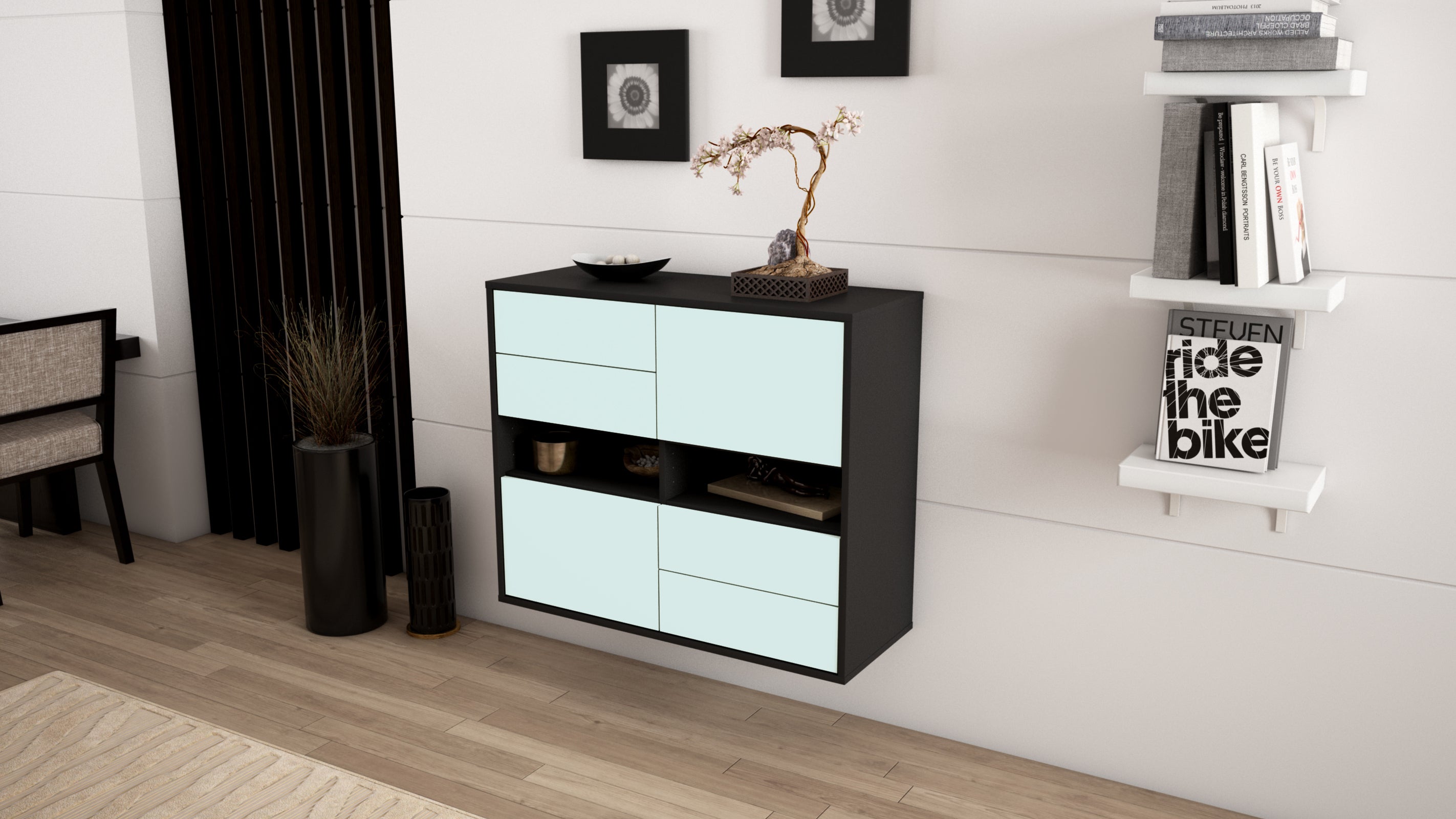 Sideboard - Claudia - Design Farbakzent - Wandmontiert mit Push to open  92 cm Anthrazit