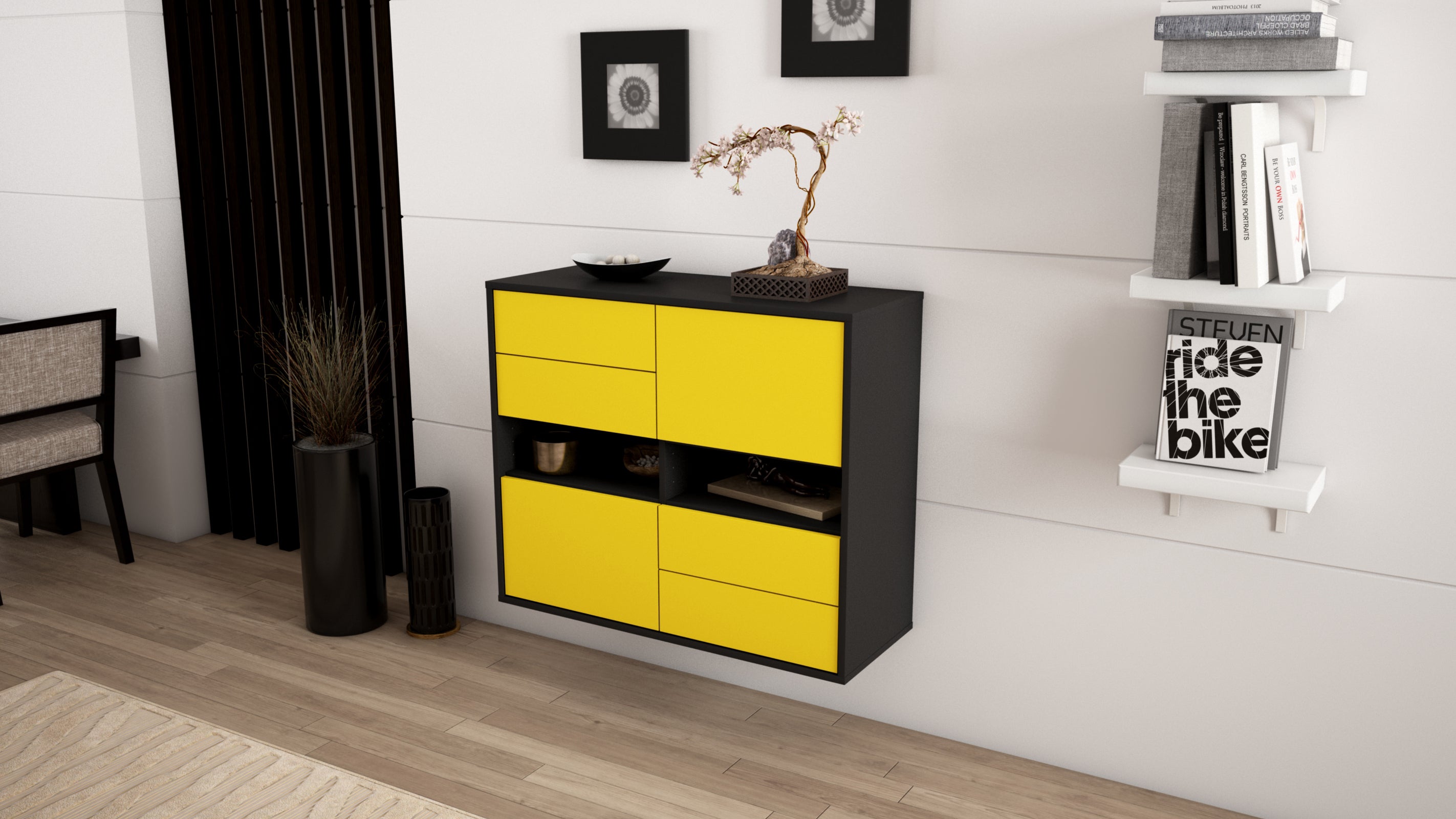 Sideboard - Claudia - Design Farbakzent - Wandmontiert mit Push to open  92 cm Anthrazit