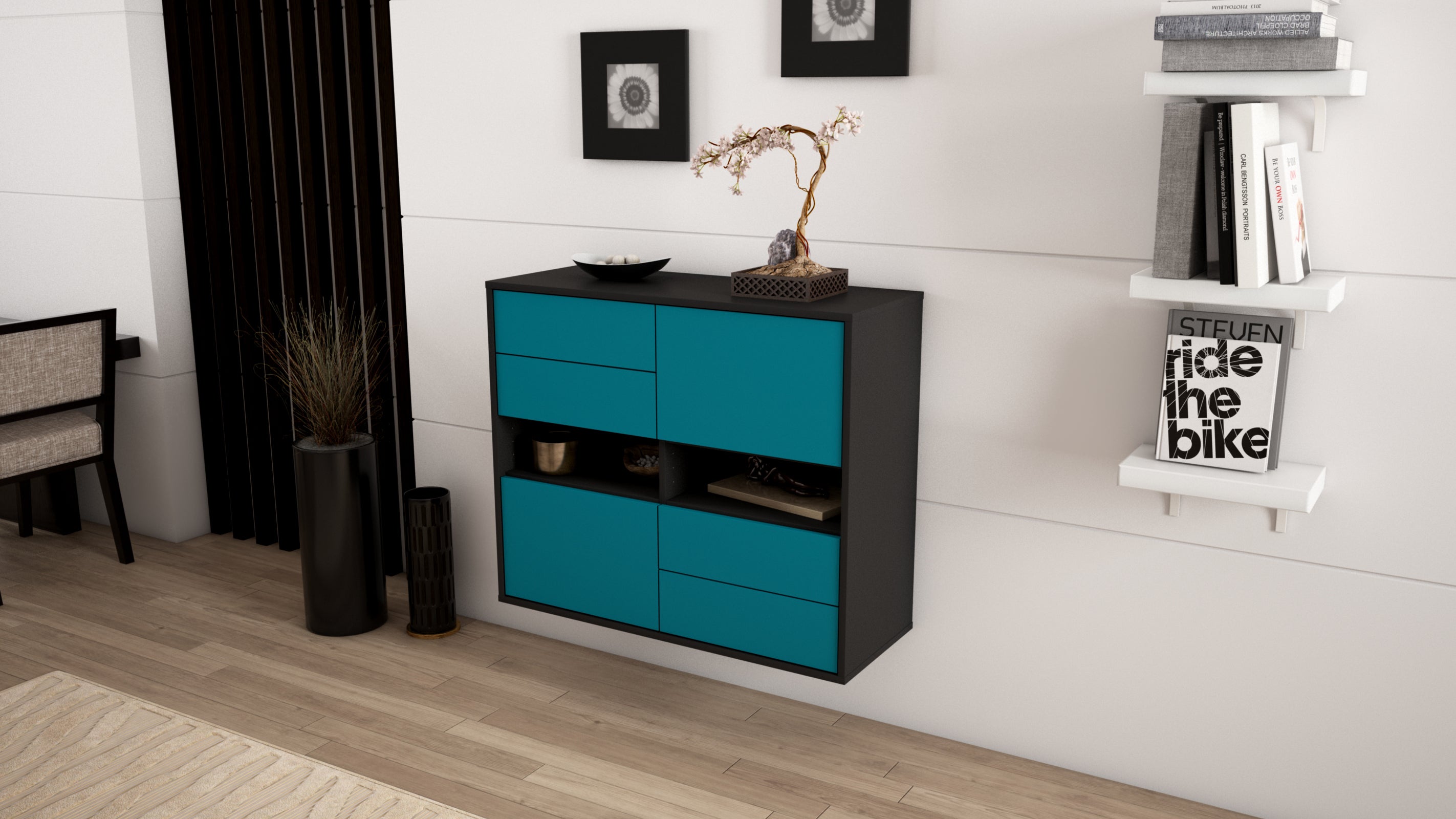 Sideboard - Claudia - Design Farbakzent - Wandmontiert mit Push to open  92 cm Anthrazit