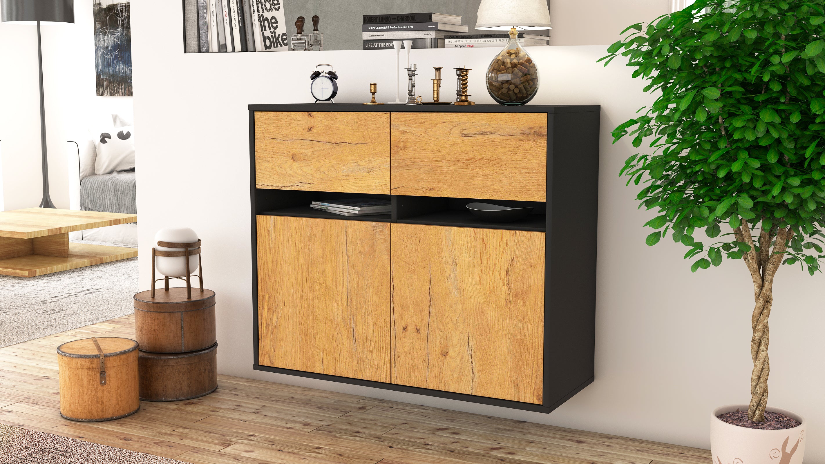 Sideboard - Clea - Design Holzdekor - Wandmontiert mit Push to open  92 cm Anthrazit