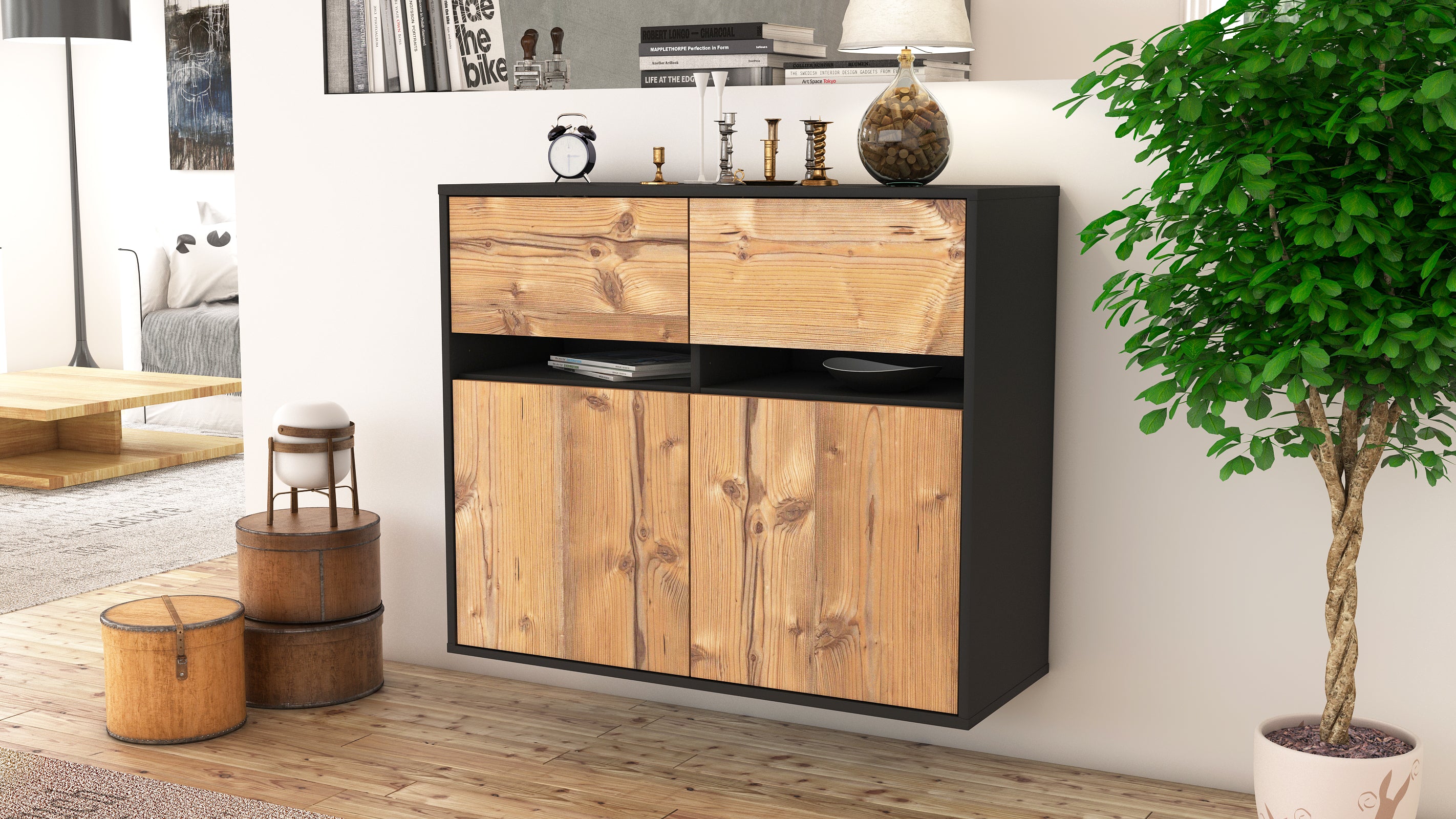 Sideboard - Clea - Design Holzdekor - Wandmontiert mit Push to open  92 cm Anthrazit