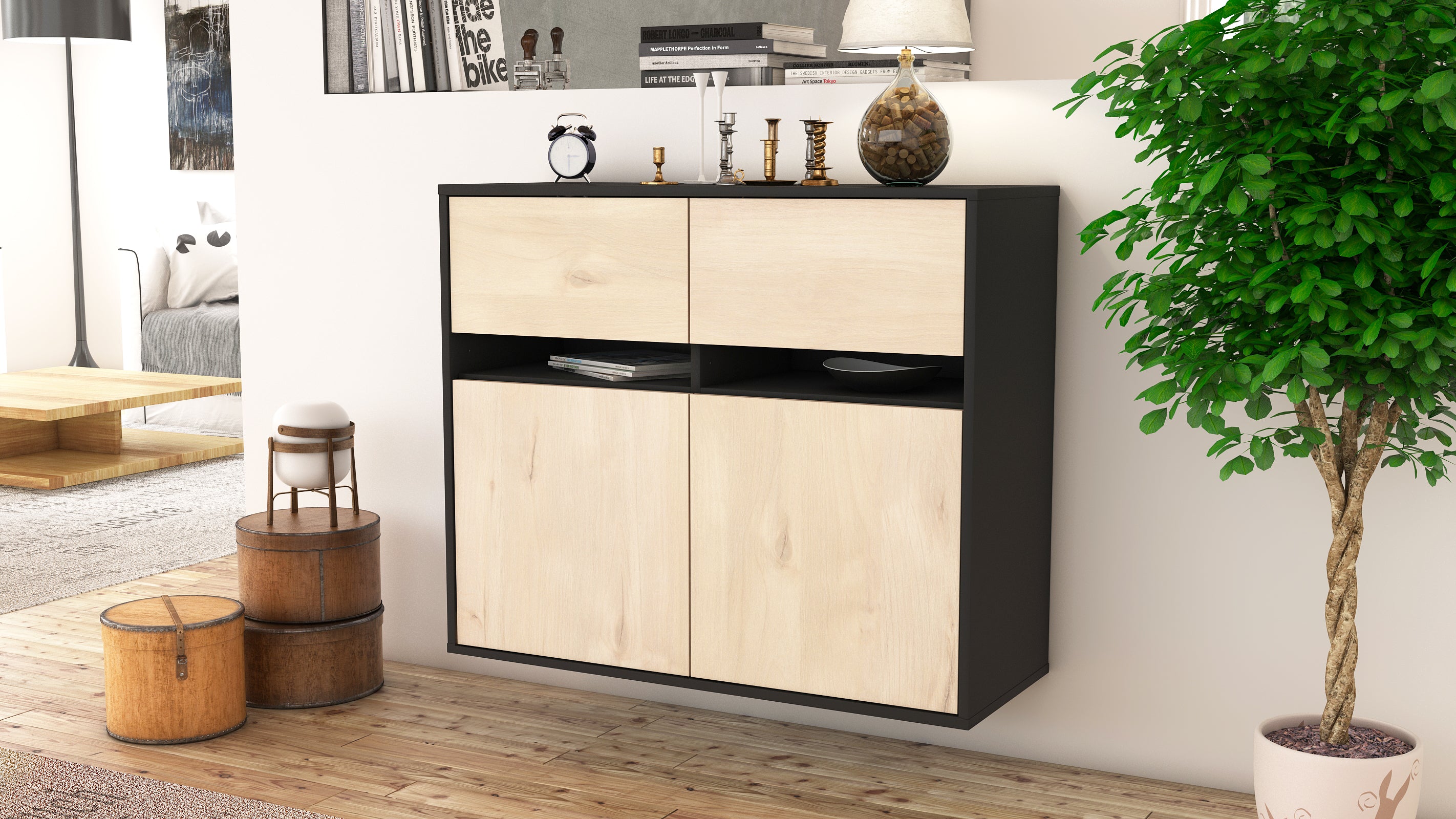 Sideboard - Clea - Design Holzdekor - Wandmontiert mit Push to open  92 cm Anthrazit