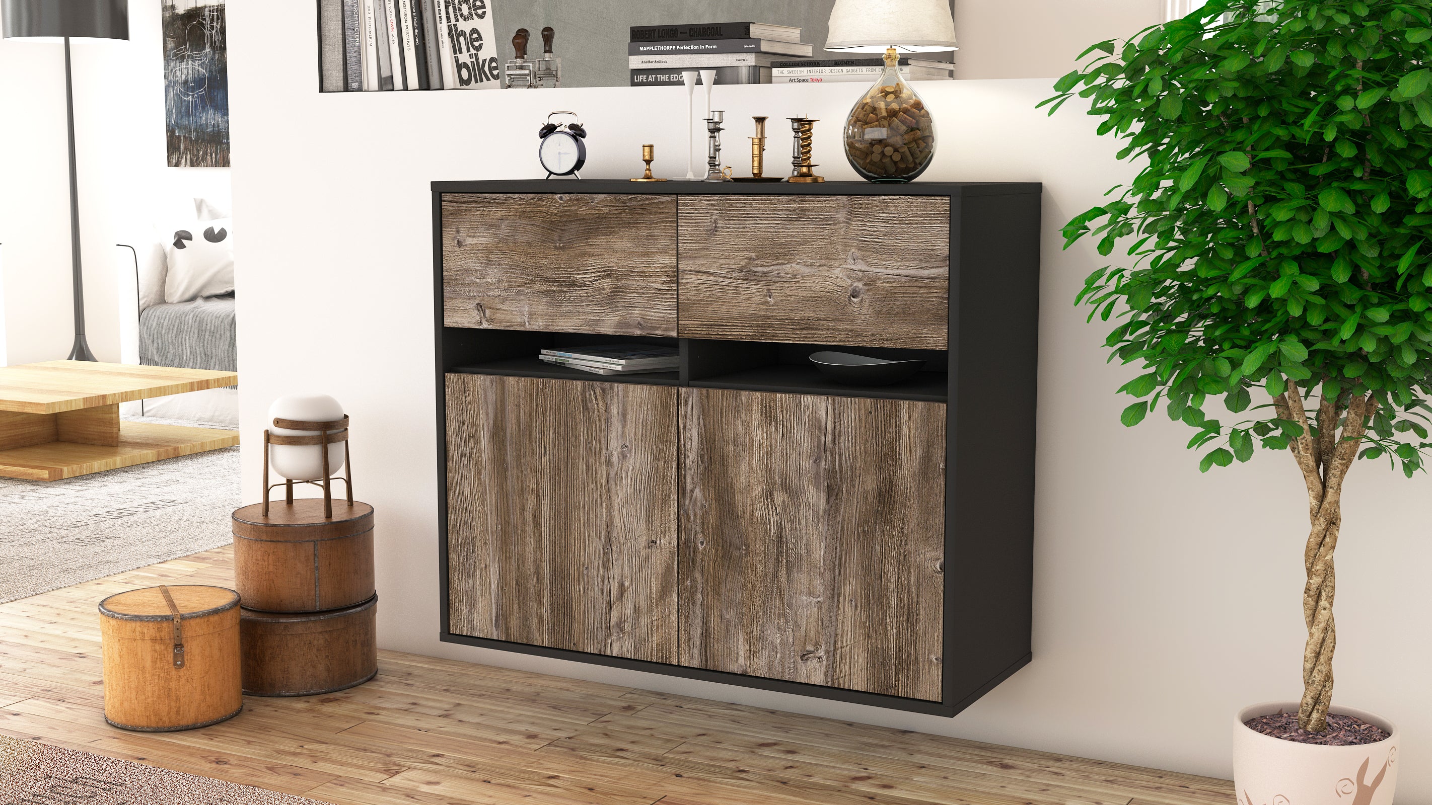 Sideboard - Clea - Design Holzdekor - Wandmontiert mit Push to open  92 cm Anthrazit