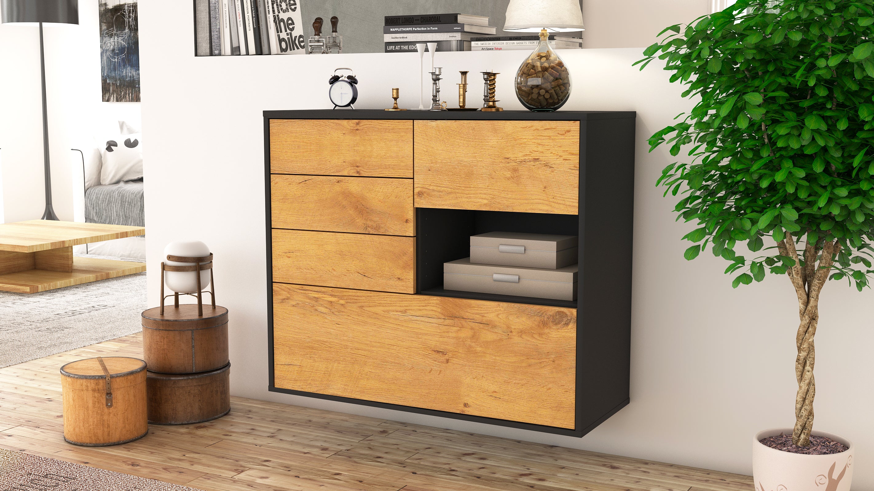 Sideboard - Coco - Design Holzdekor - Wandmontiert mit Push to open  92 cm Anthrazit