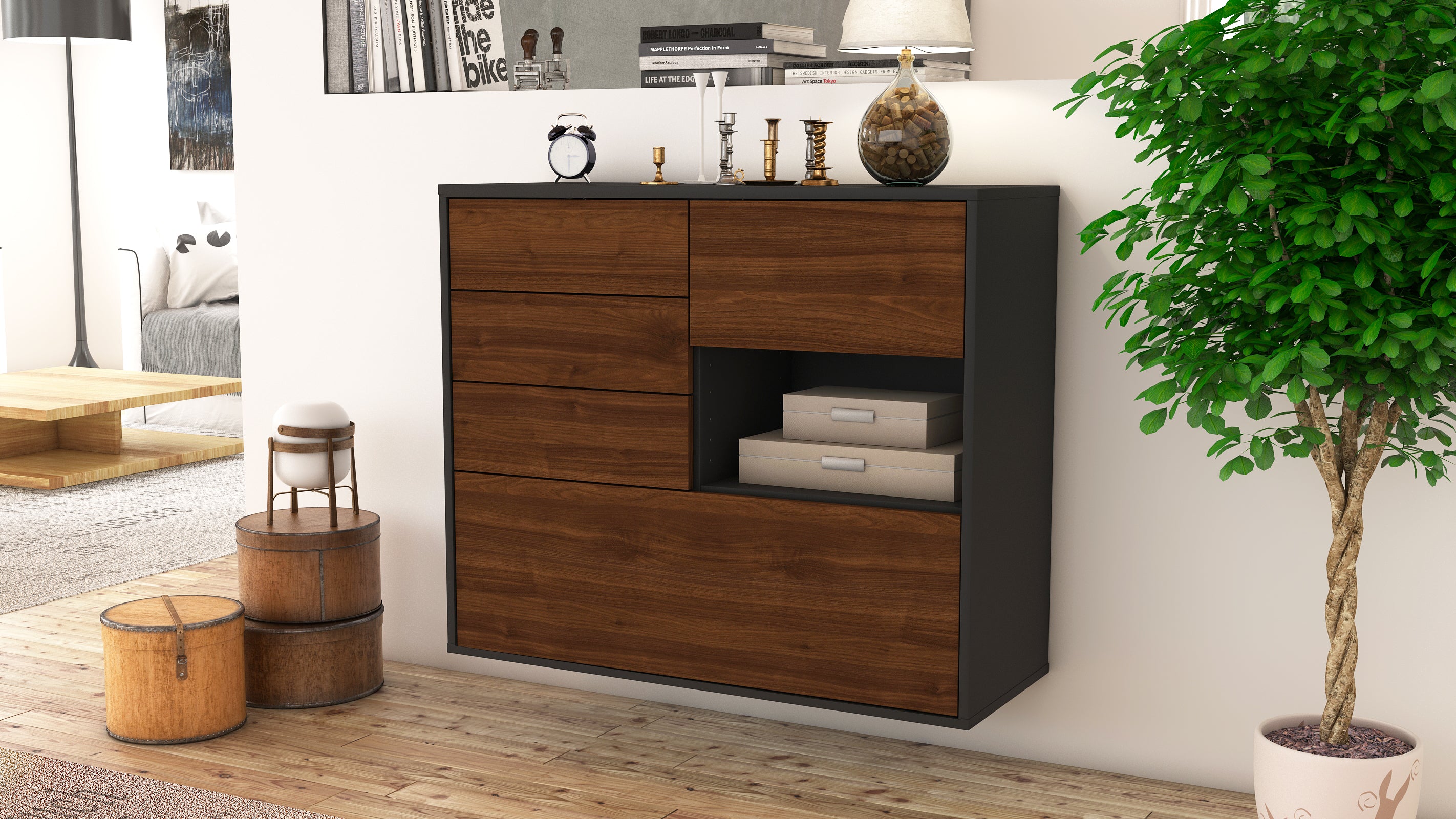 Sideboard - Coco - Design Holzdekor - Wandmontiert mit Push to open  92 cm Anthrazit