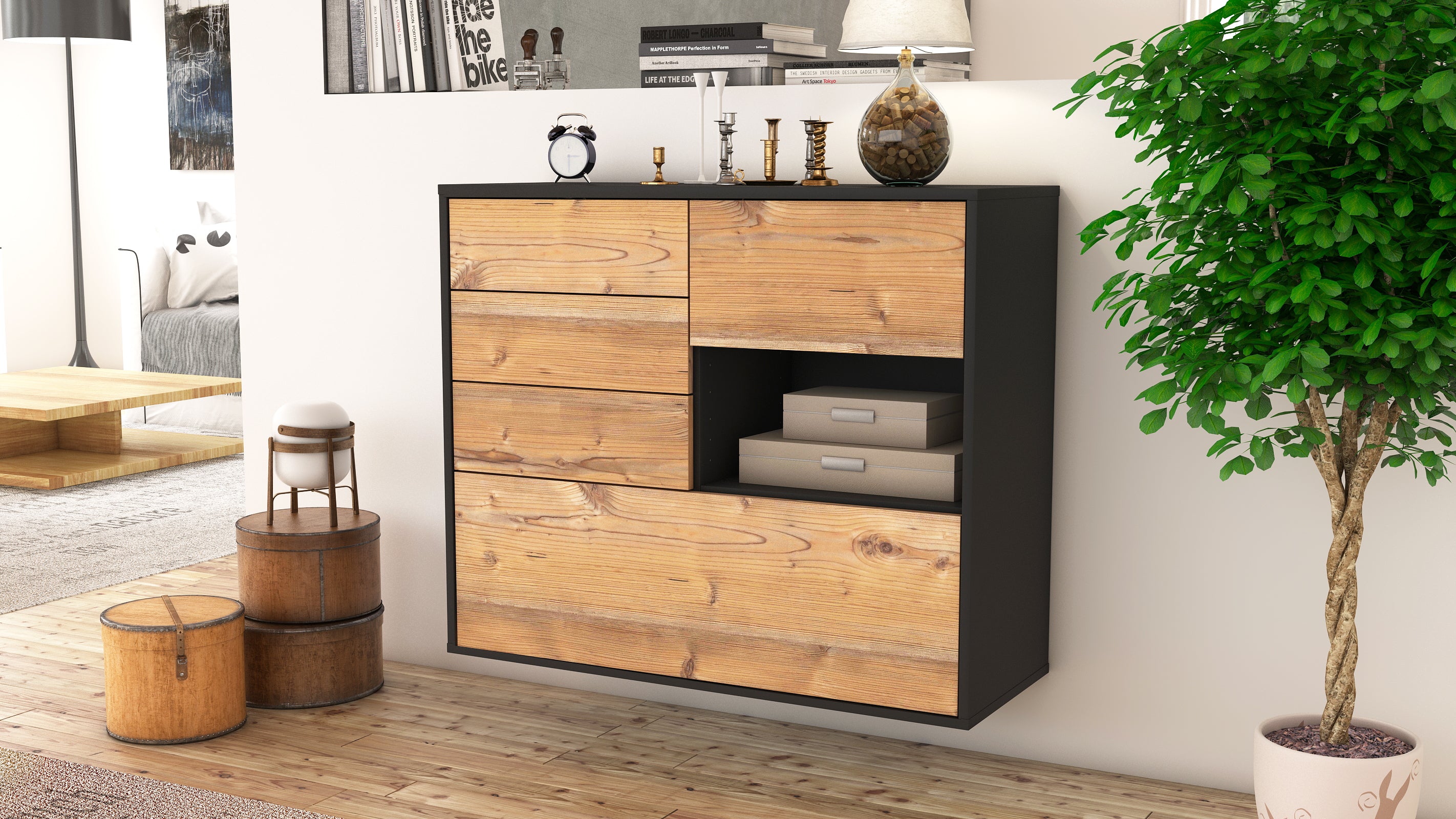 Sideboard - Coco - Design Holzdekor - Wandmontiert mit Push to open  92 cm Anthrazit