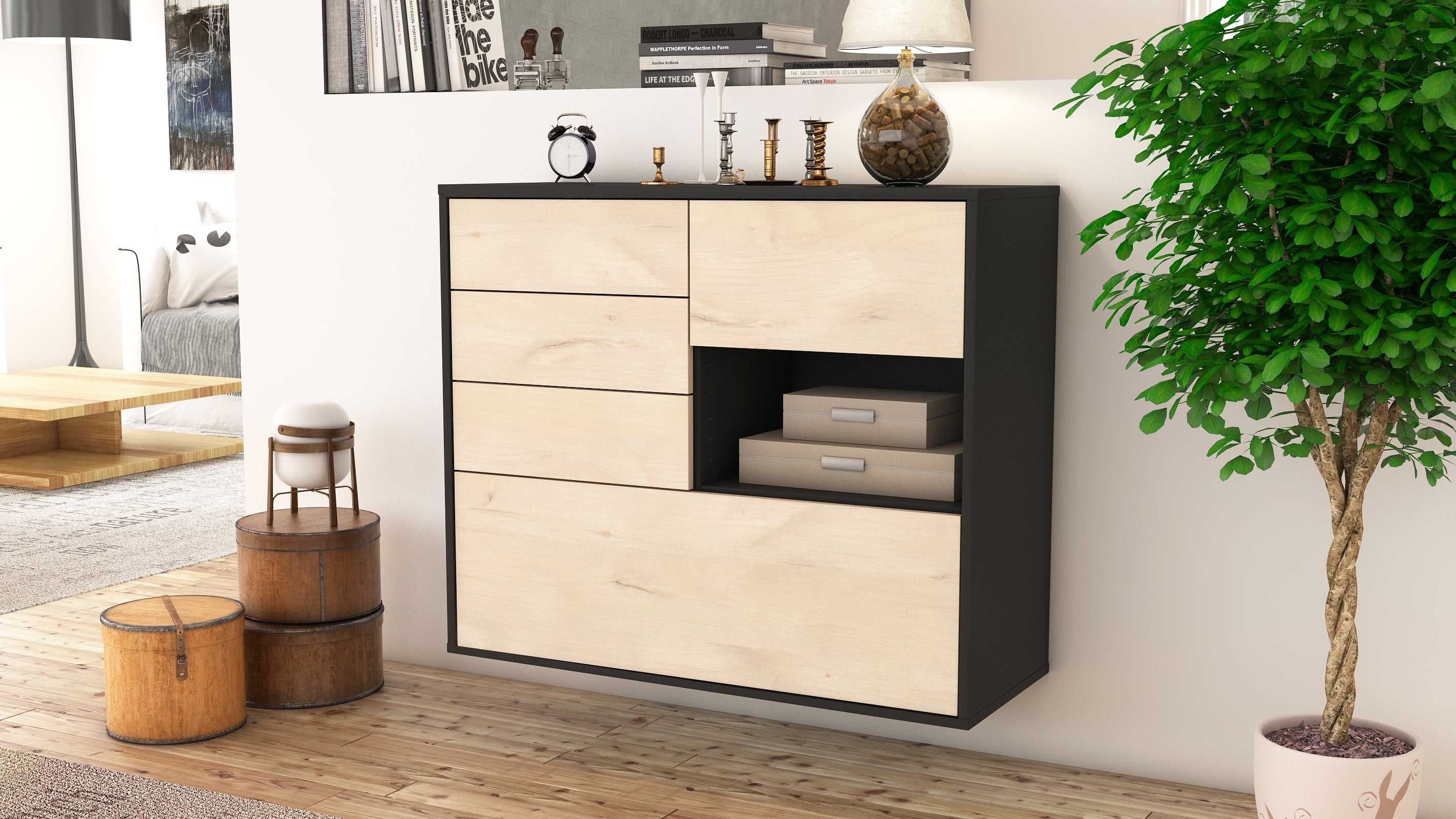 Sideboard - Coco - Design Holzdekor - Wandmontiert mit Push to open  92 cm Anthrazit