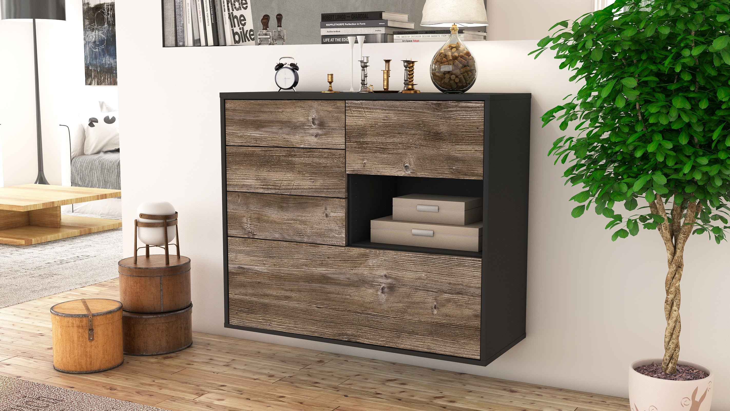 Sideboard - Coco - Design Holzdekor - Wandmontiert mit Push to open  92 cm Anthrazit