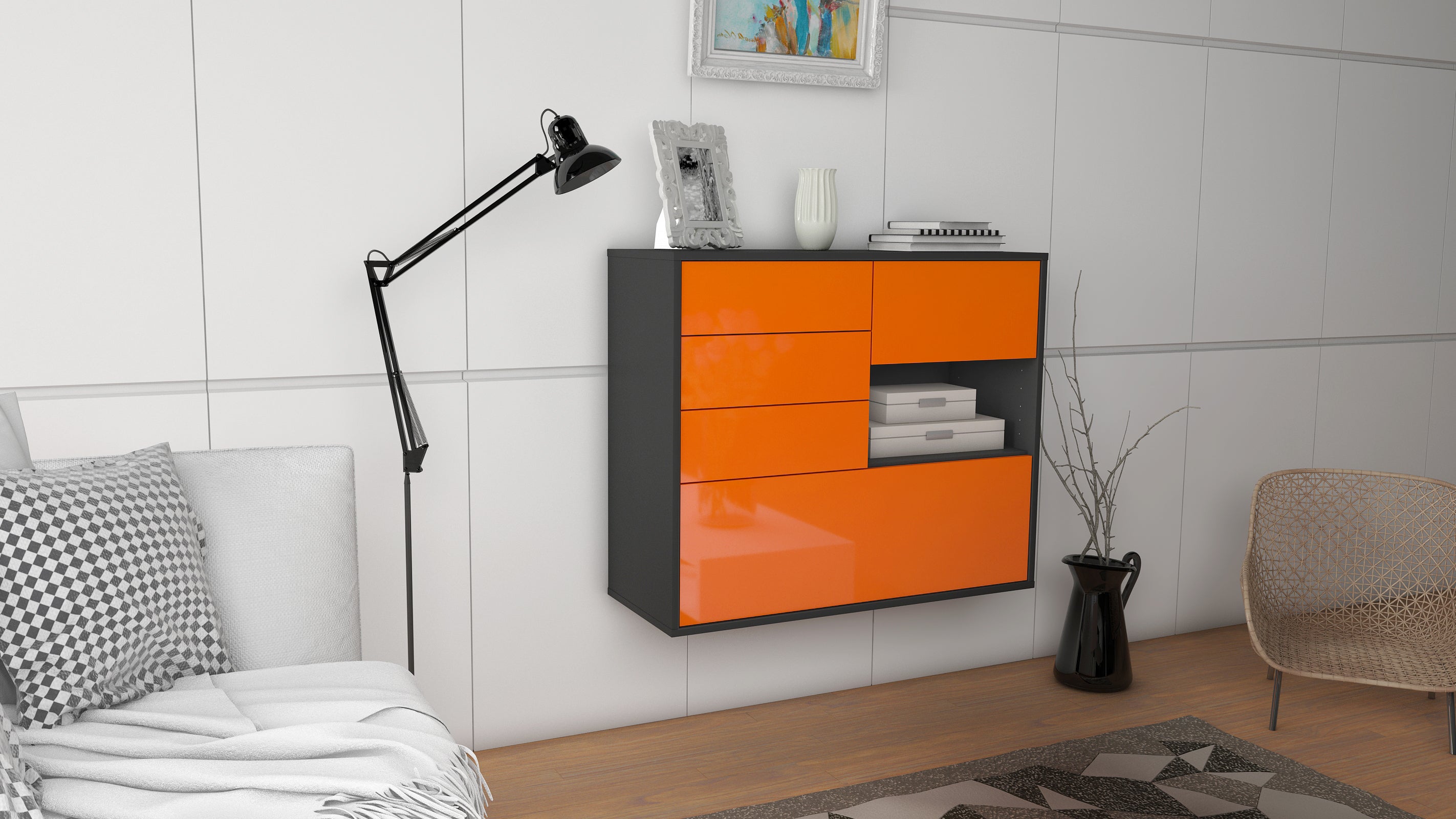 Sideboard - Coco - Design Hochglanz - Wandmontiert mit Push to open  92 cm Anthrazit