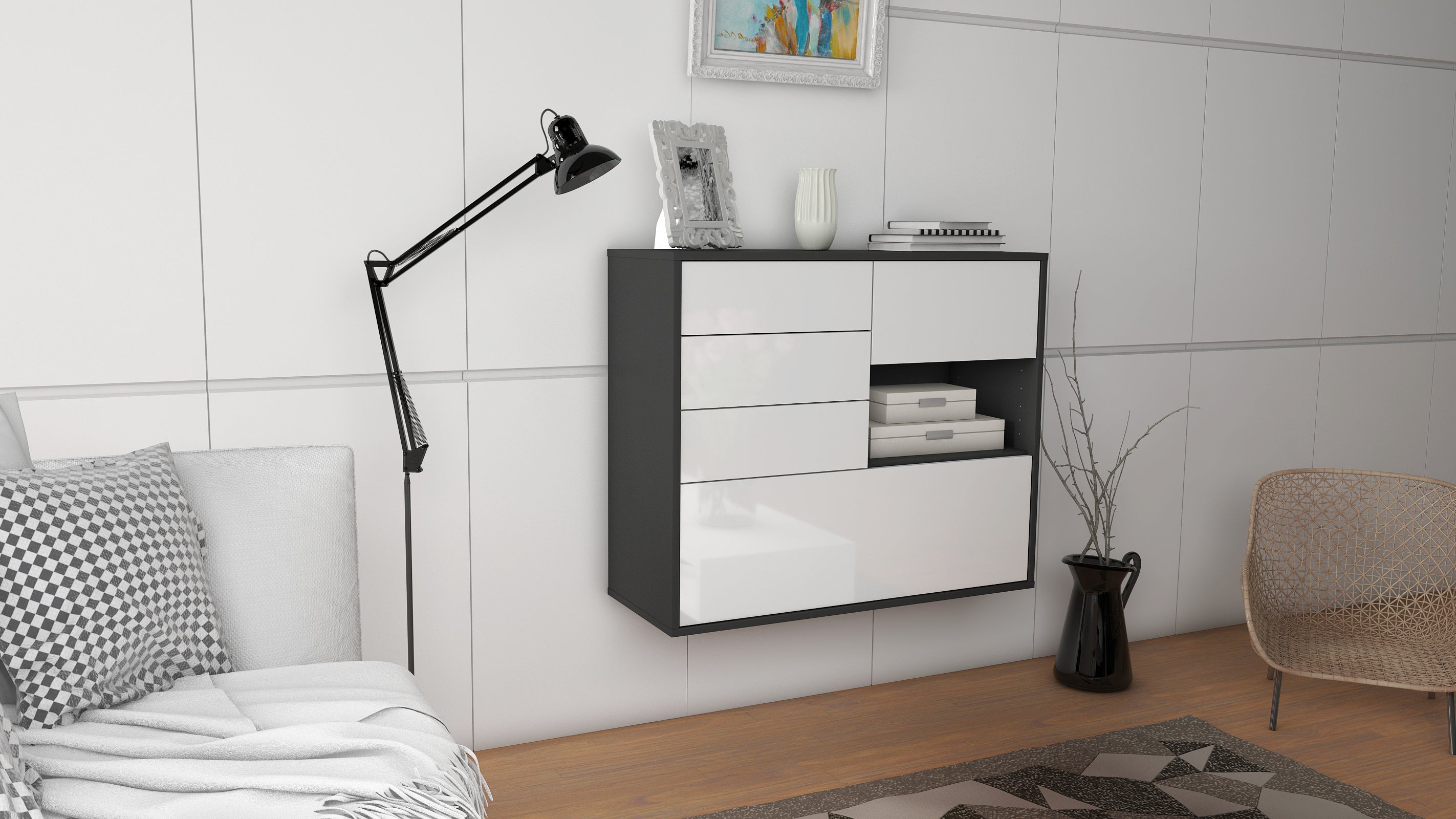 Sideboard - Coco - Design Hochglanz - Wandmontiert mit Push to open  92 cm Anthrazit