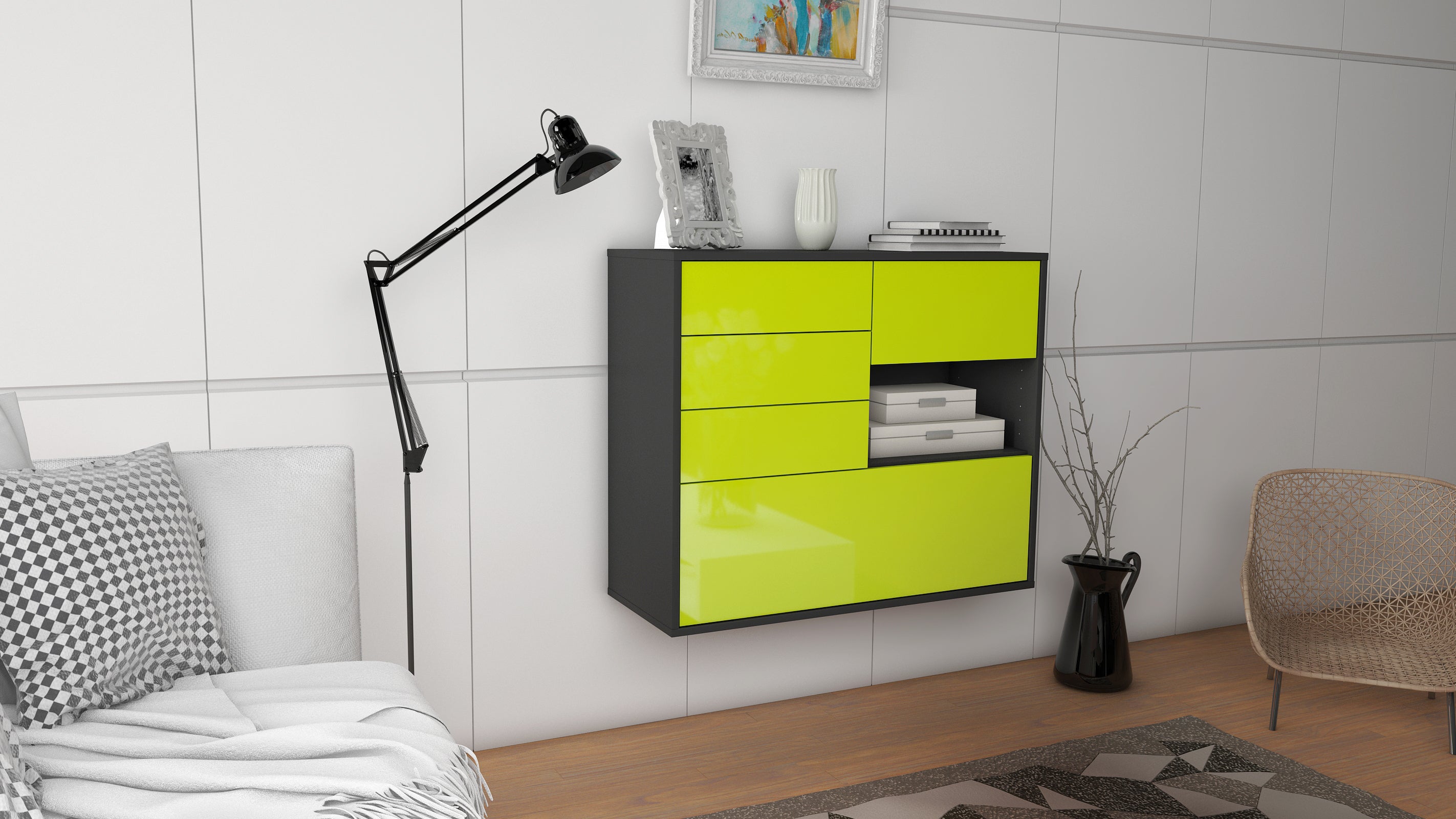 Sideboard - Coco - Design Hochglanz - Wandmontiert mit Push to open  92 cm Anthrazit