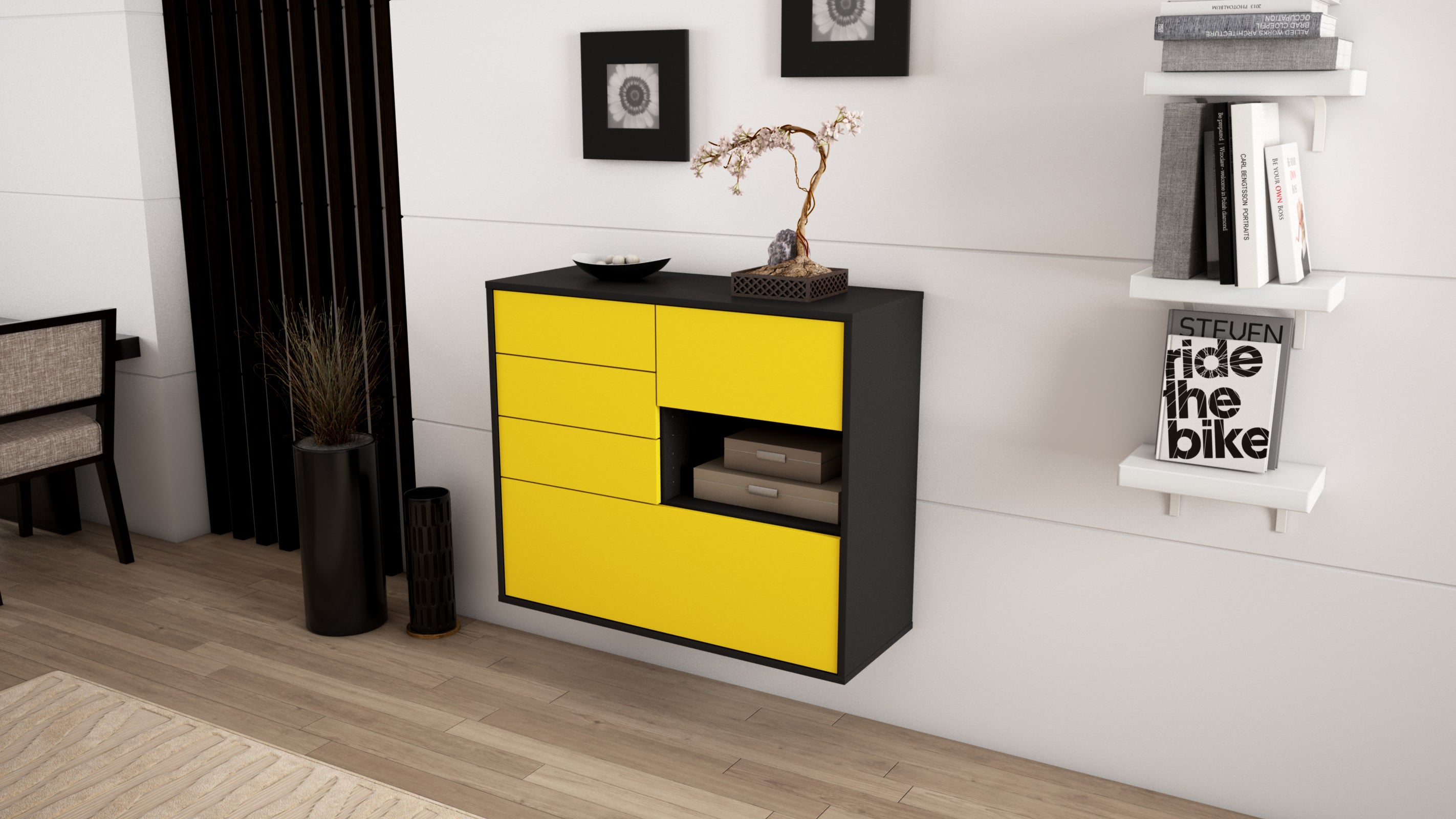 Sideboard - Coco - Design Farbakzent - Wandmontiert mit Push to open  92 cm Anthrazit