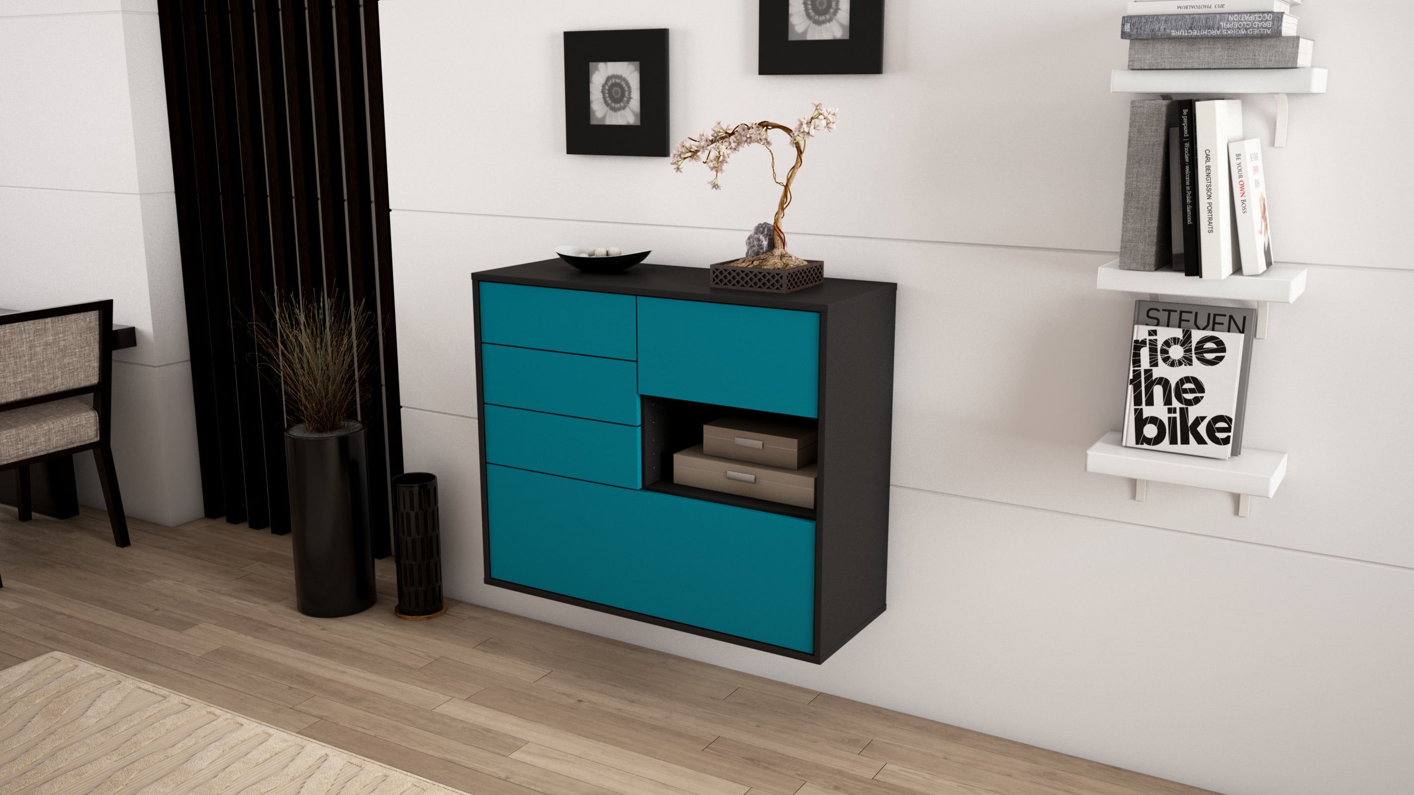 Sideboard - Coco - Design Farbakzent - Wandmontiert mit Push to open  92 cm Anthrazit