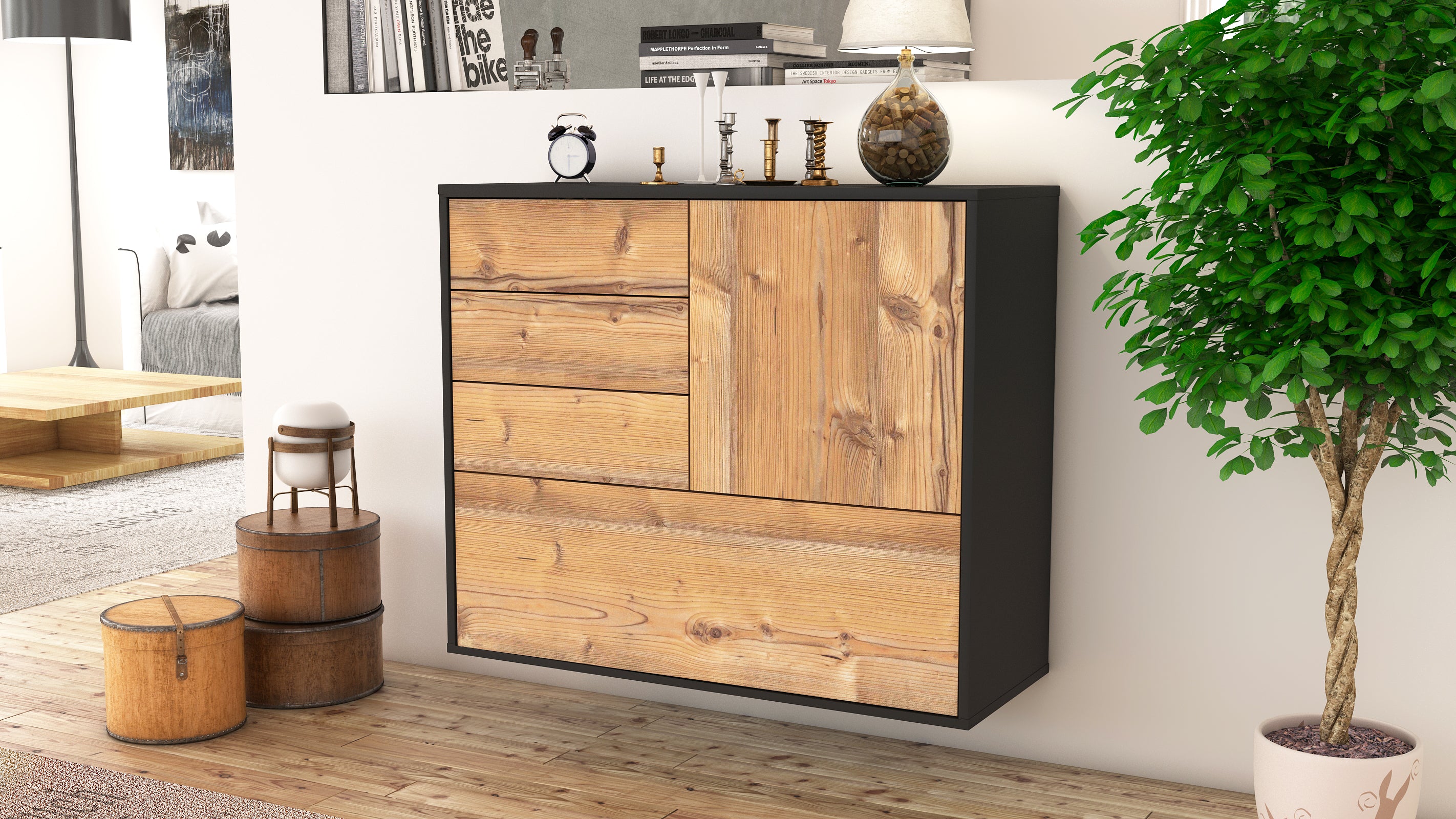 Sideboard - Corina - Design Holzdekor - Wandmontiert mit Push to open  92 cm Anthrazit