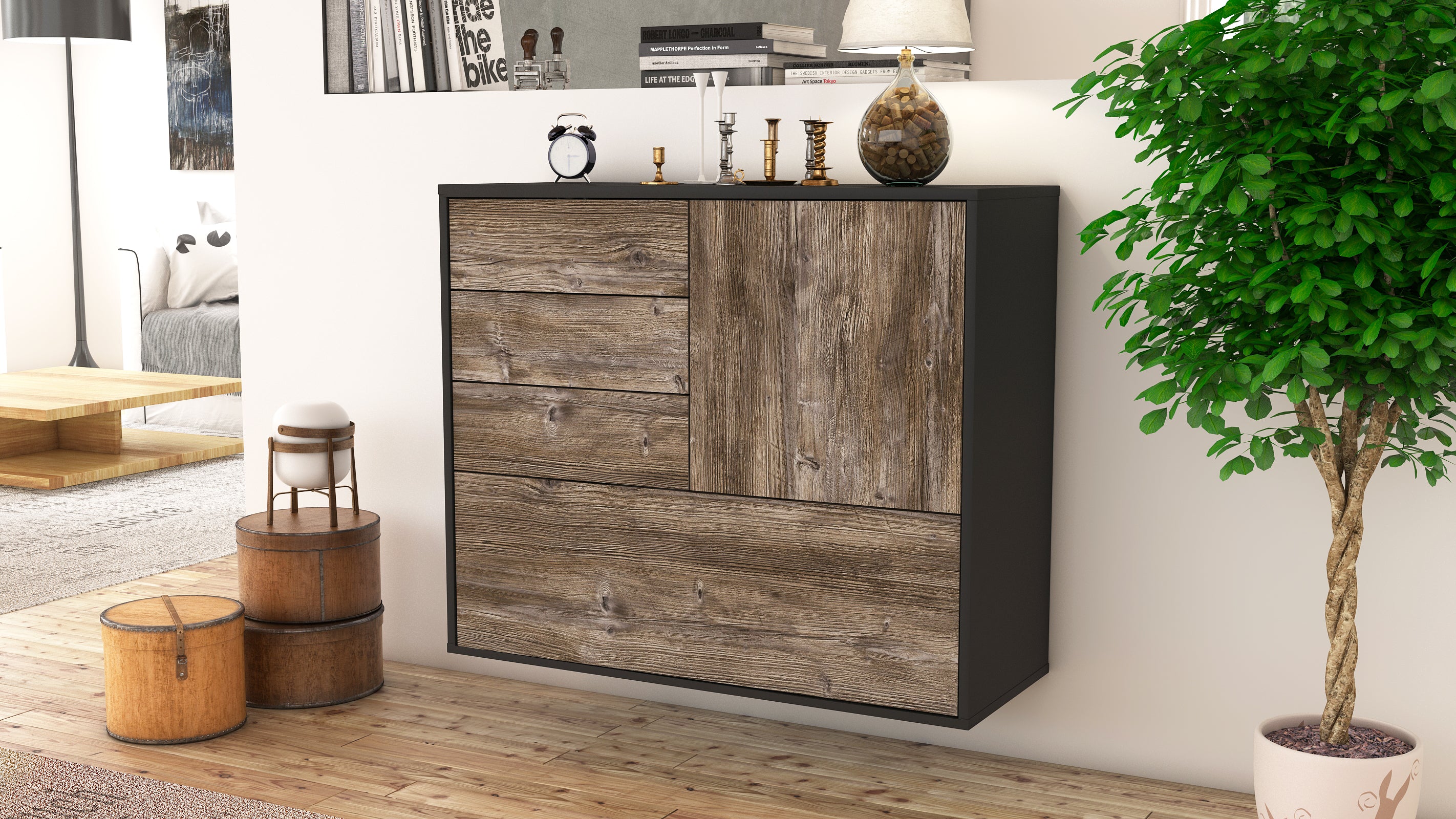 Sideboard - Corina - Design Holzdekor - Wandmontiert mit Push to open  92 cm Anthrazit