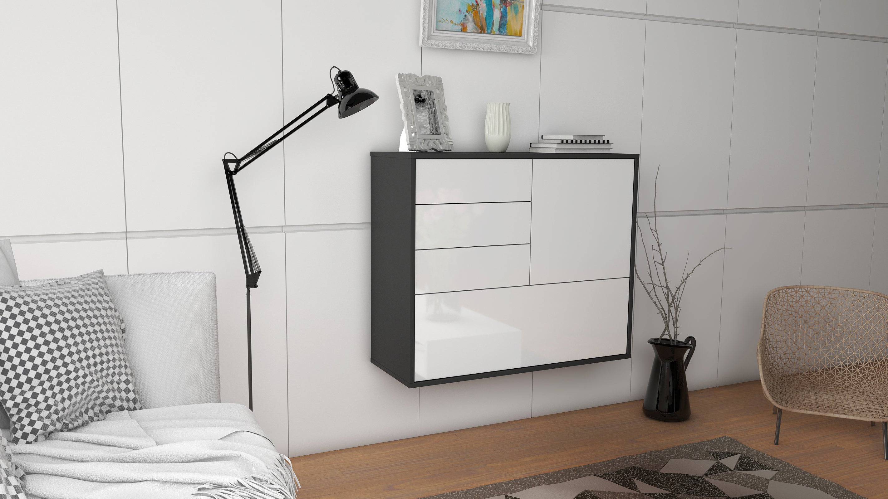 Sideboard - Corina - Design Hochglanz - Wandmontiert mit Push to open  92 cm Anthrazit