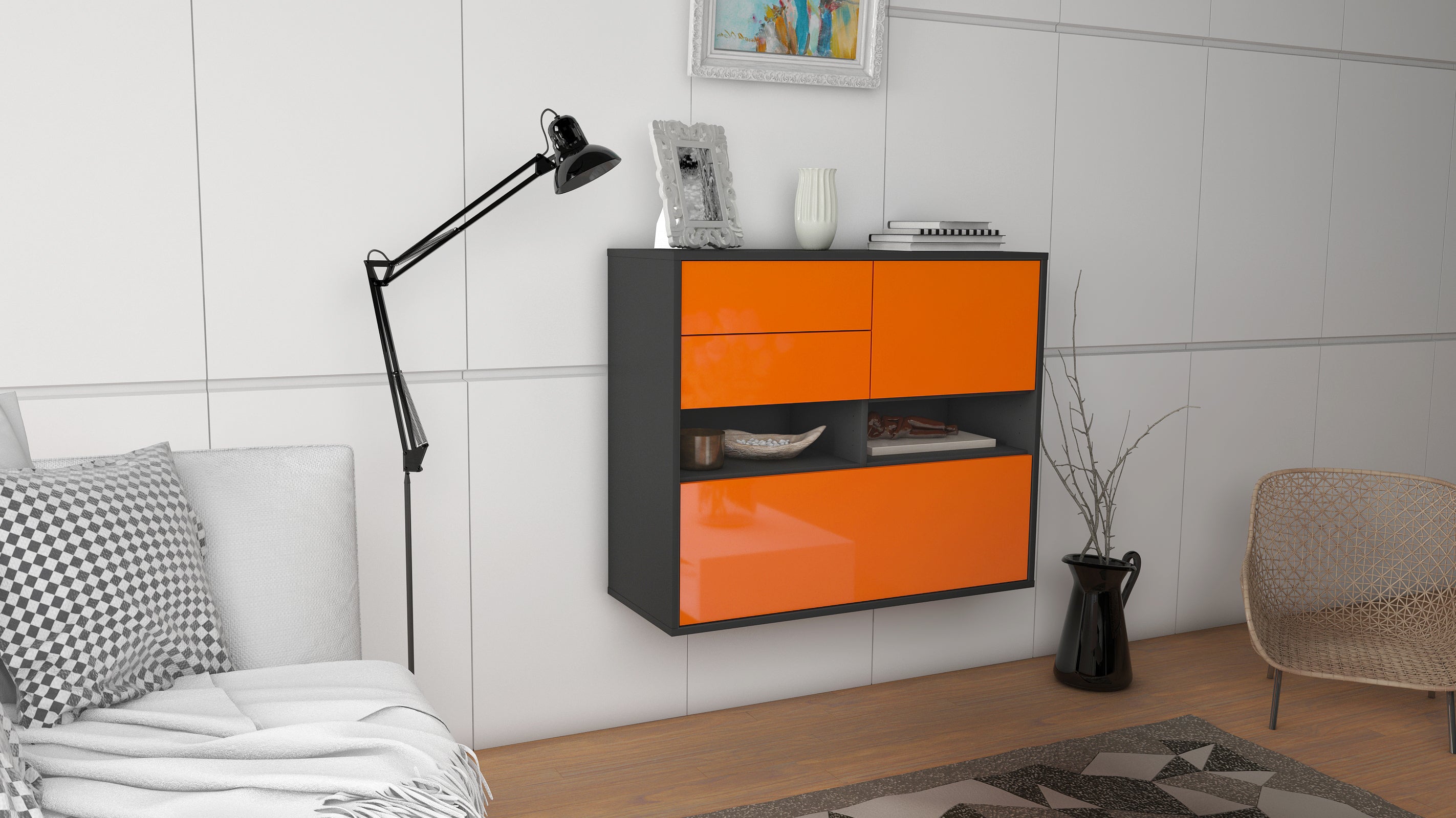 Sideboard - Cornelia - Design Hochglanz - Wandmontiert mit Push to open  92 cm Anthrazit