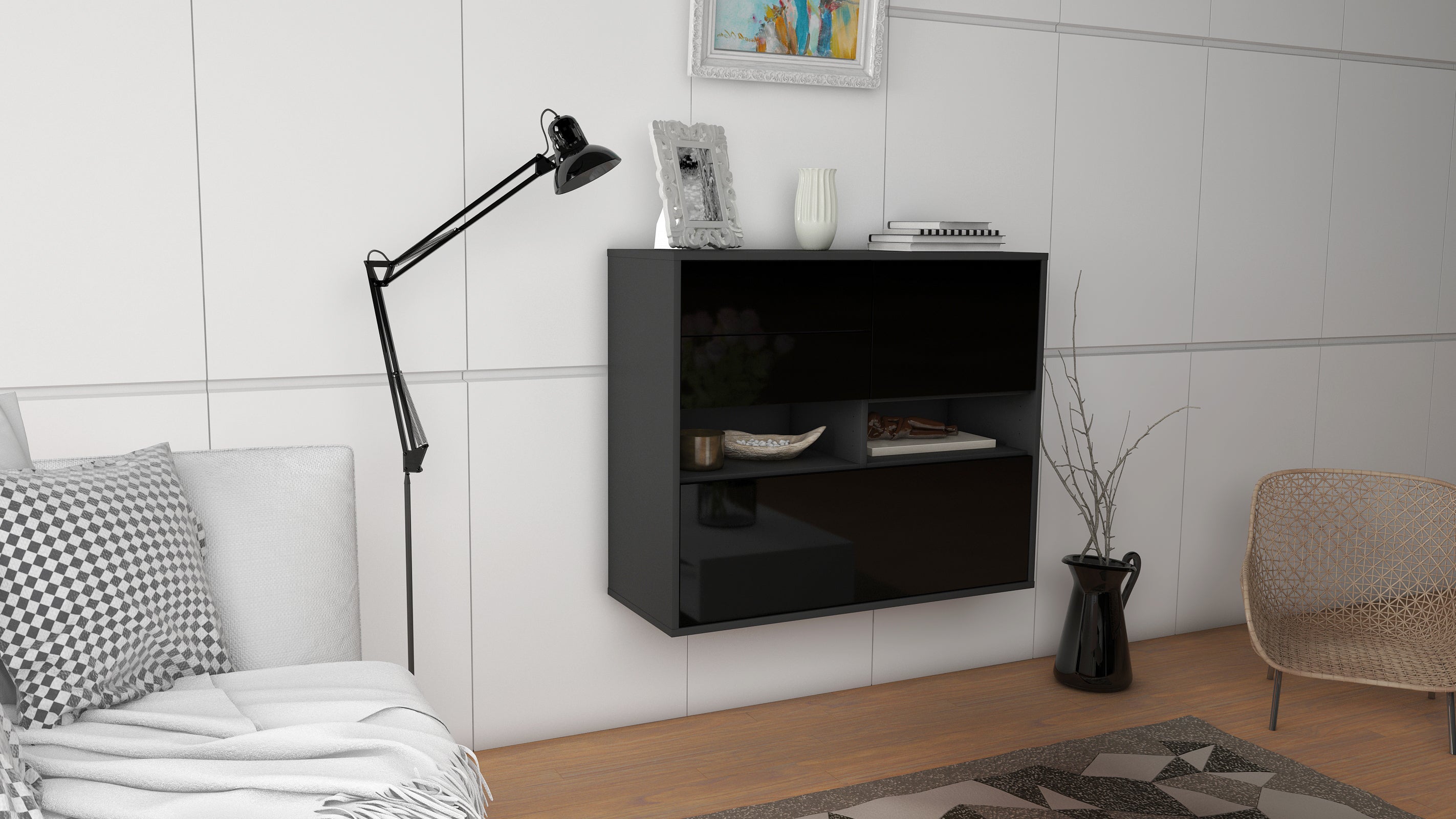 Sideboard - Cornelia - Design Hochglanz - Wandmontiert mit Push to open  92 cm Anthrazit
