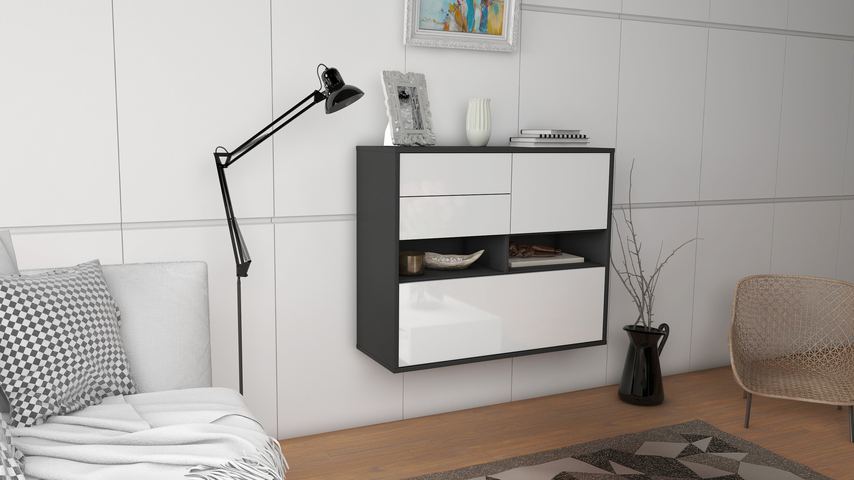 Sideboard - Cornelia - Design Hochglanz - Wandmontiert mit Push to open  92 cm Anthrazit