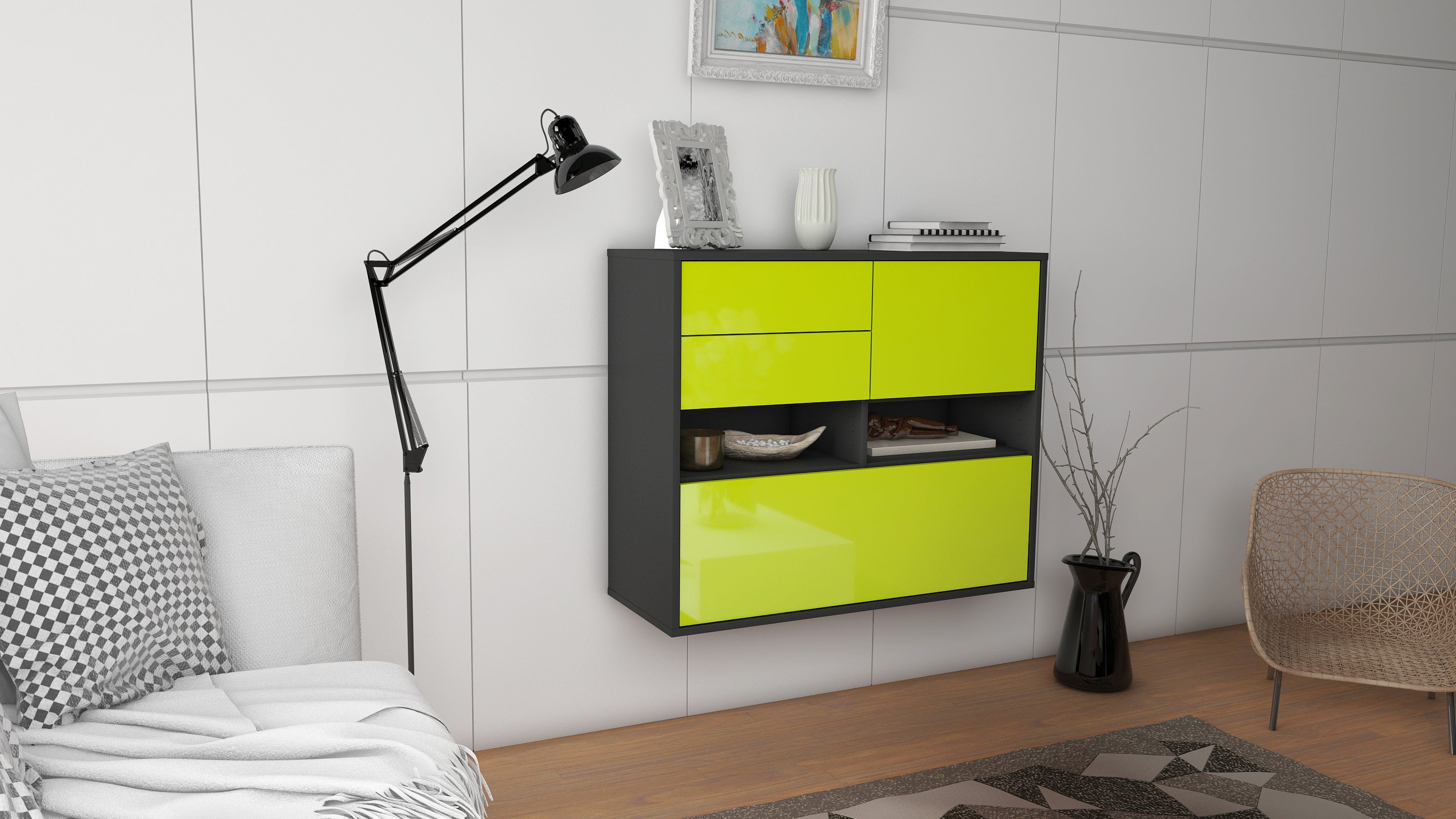 Sideboard - Cornelia - Design Hochglanz - Wandmontiert mit Push to open  92 cm Anthrazit