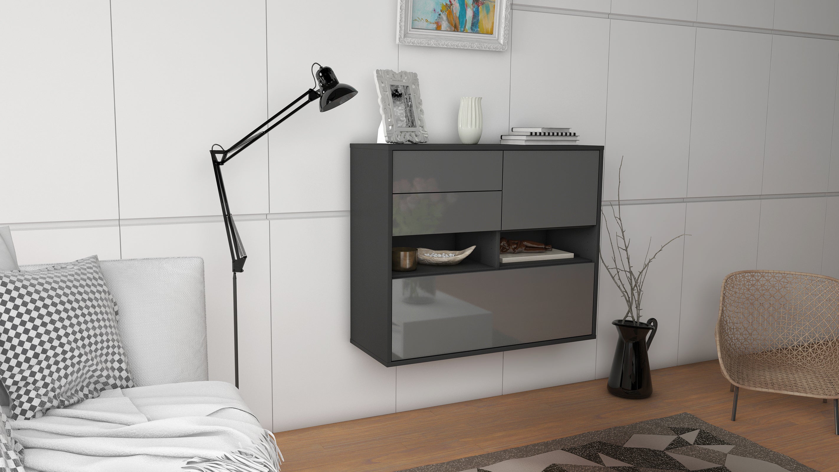 Sideboard - Cornelia - Design Hochglanz - Wandmontiert mit Push to open  92 cm Anthrazit