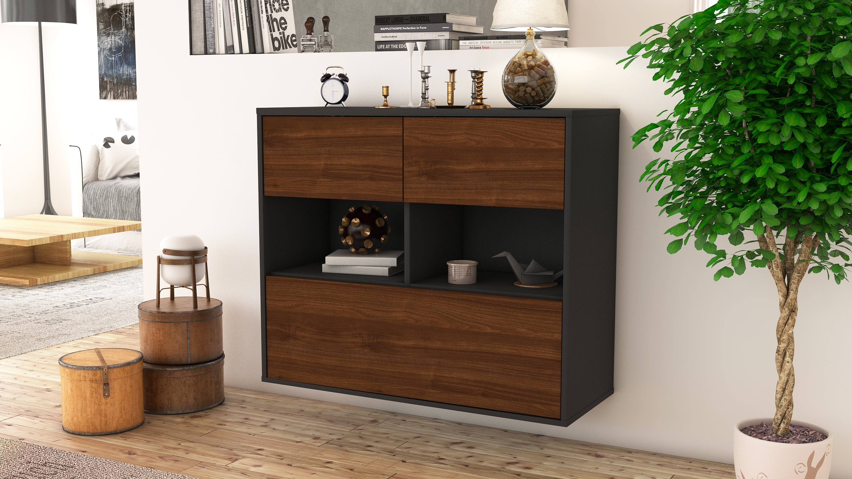 Sideboard - Cosima - Design Holzdekor - Wandmontiert mit Push to open  92 cm Anthrazit