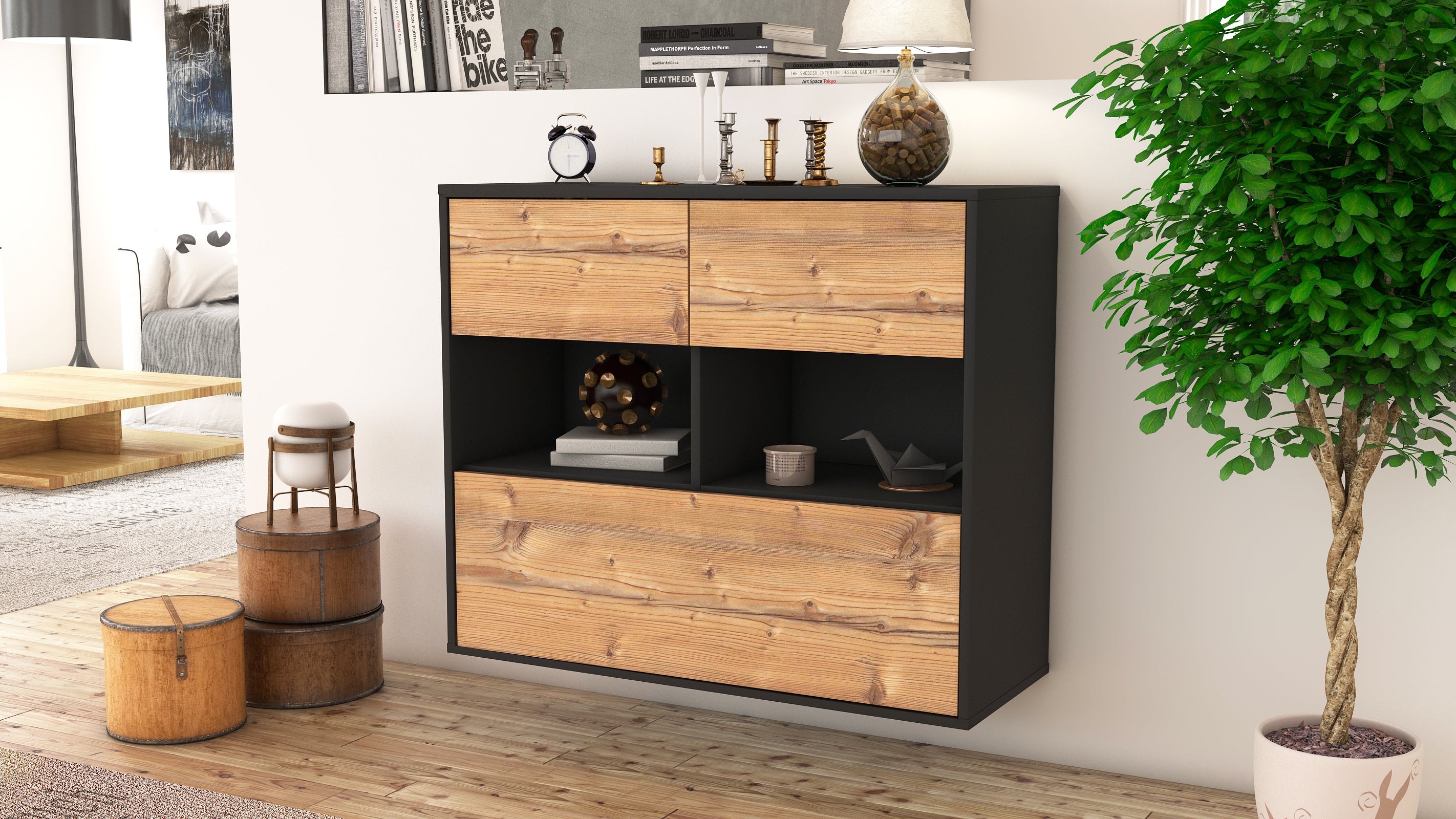 Sideboard - Cosima - Design Holzdekor - Wandmontiert mit Push to open  92 cm Anthrazit