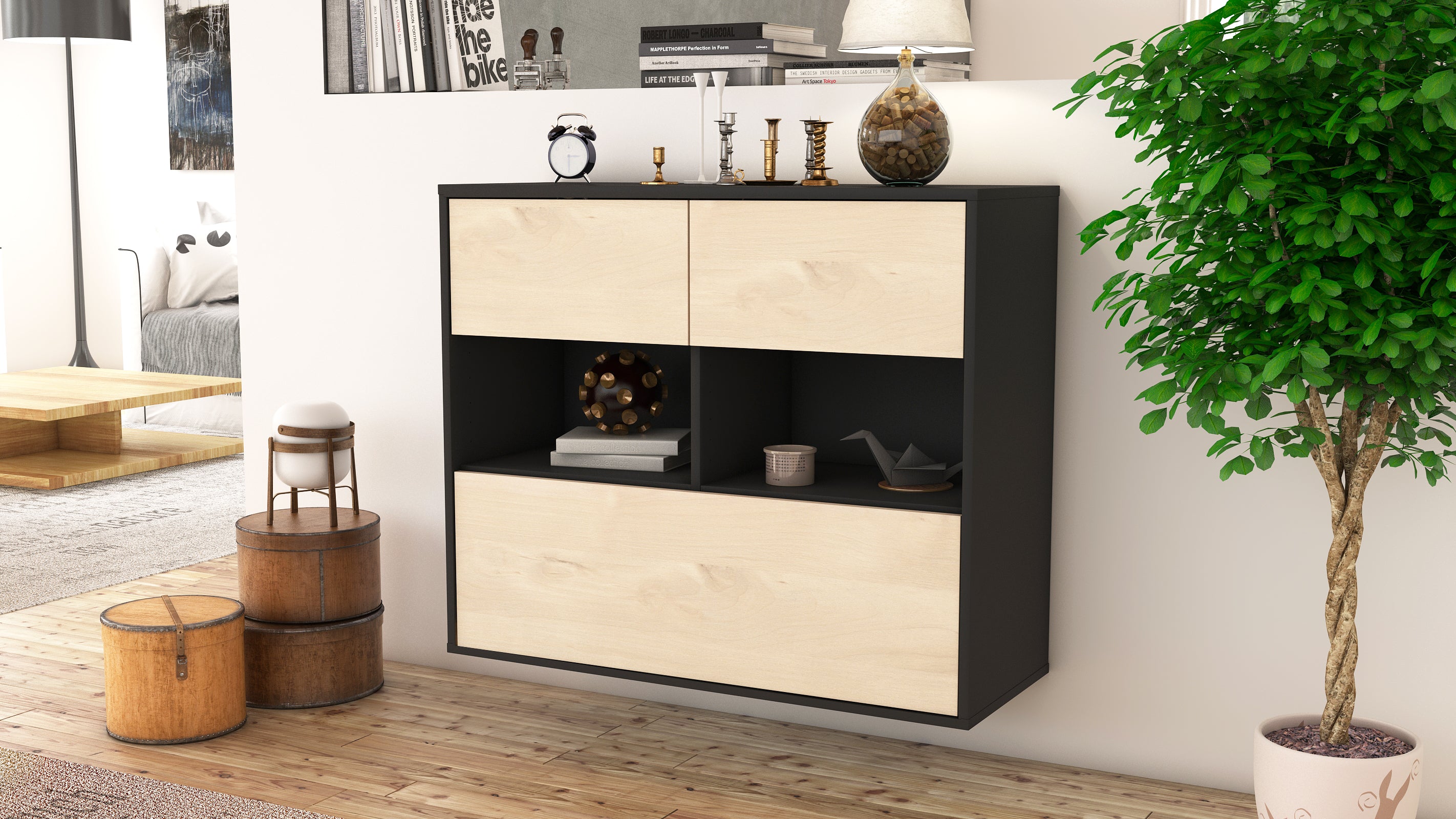 Sideboard - Cosima - Design Holzdekor - Wandmontiert mit Push to open  92 cm Anthrazit