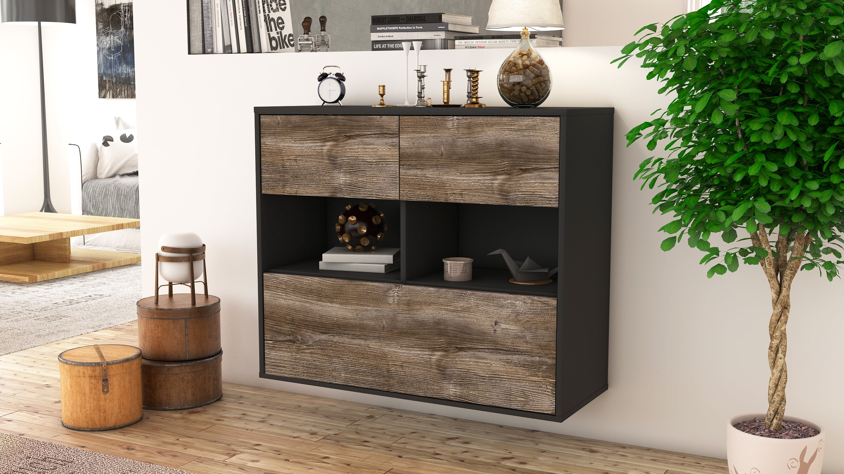 Sideboard - Cosima - Design Holzdekor - Wandmontiert mit Push to open  92 cm Anthrazit