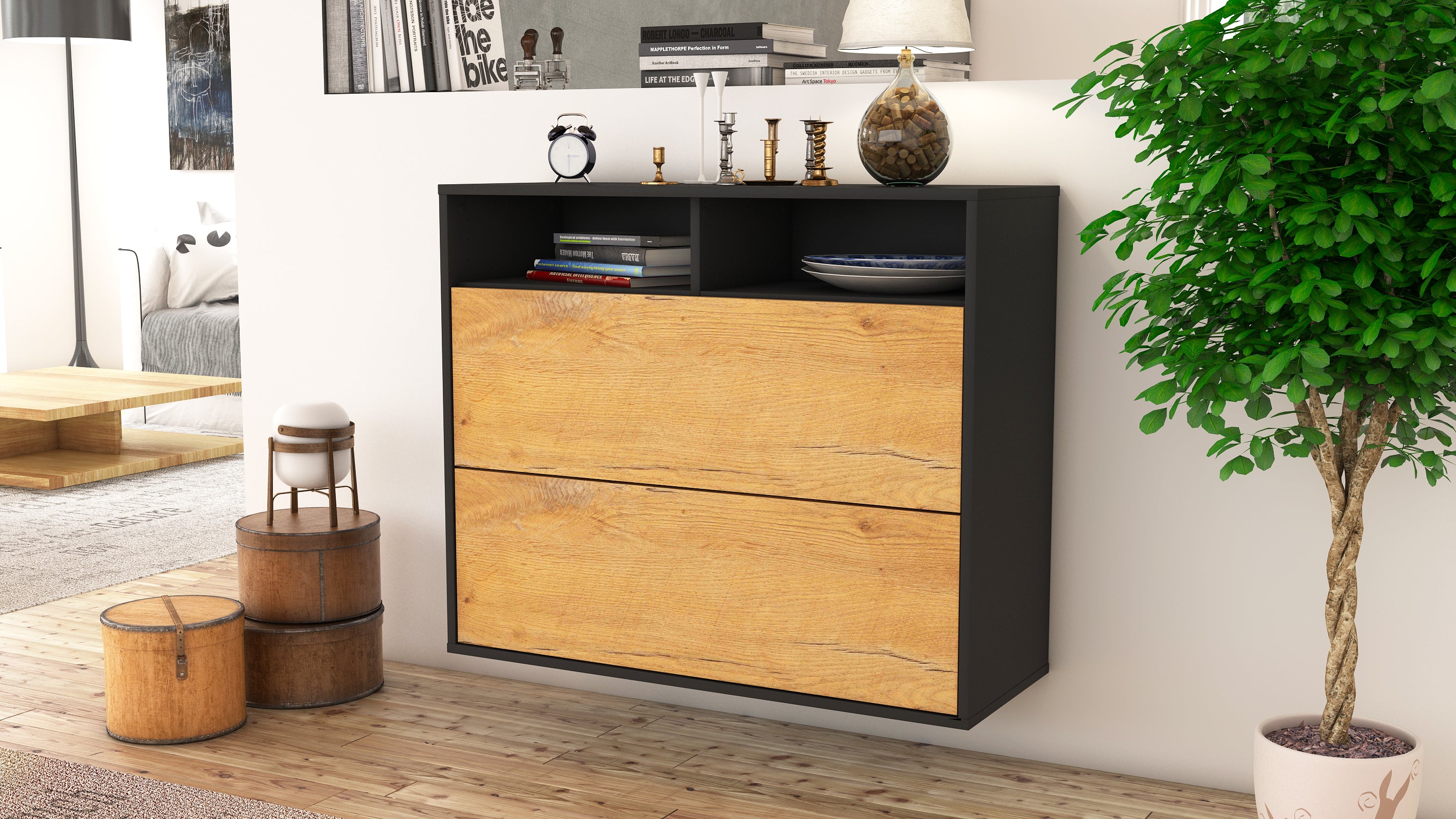 Sideboard - Cosma - Design Holzdekor - Wandmontiert mit Push to open  92 cm Anthrazit