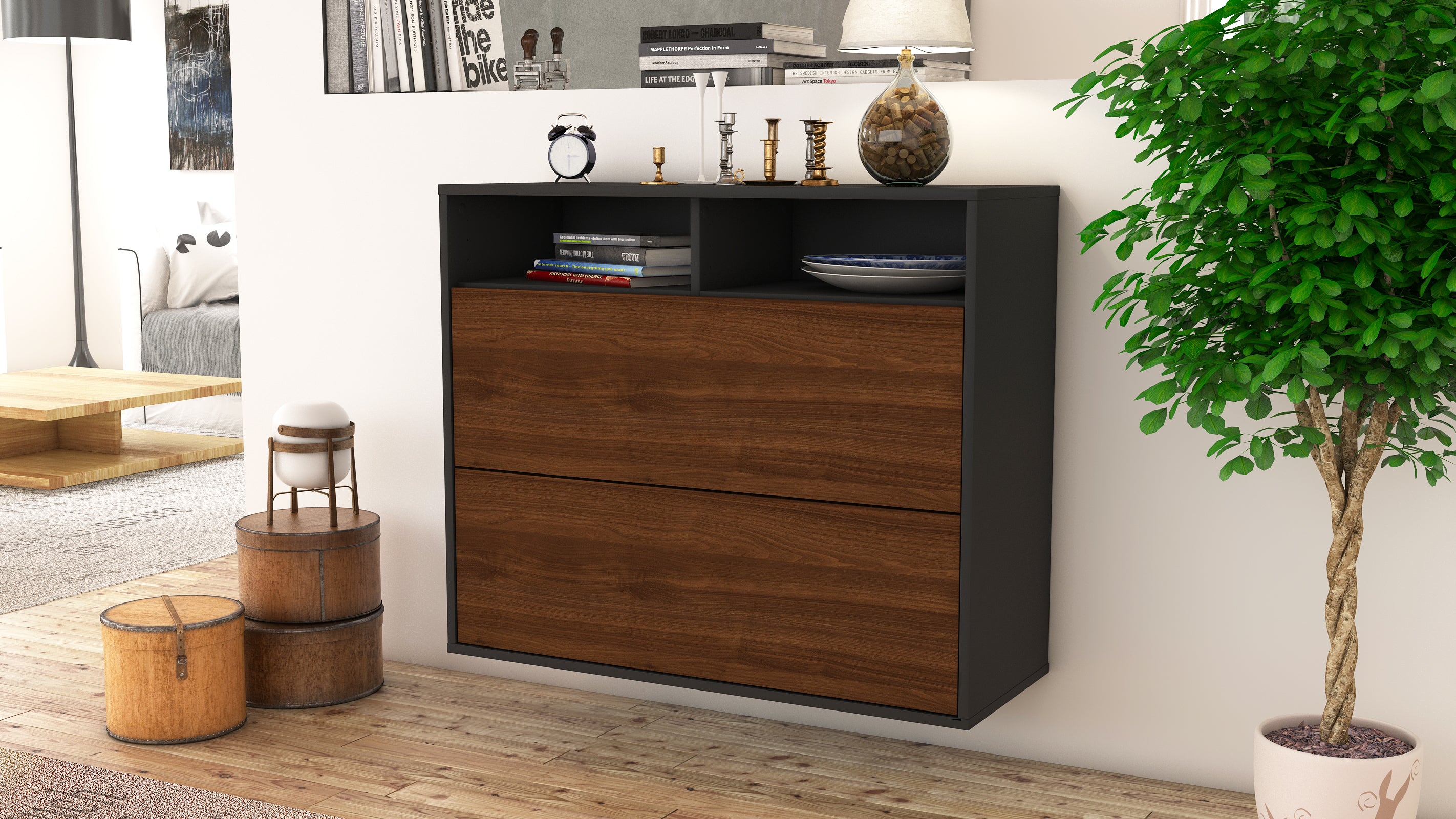 Sideboard - Cosma - Design Holzdekor - Wandmontiert mit Push to open  92 cm Anthrazit