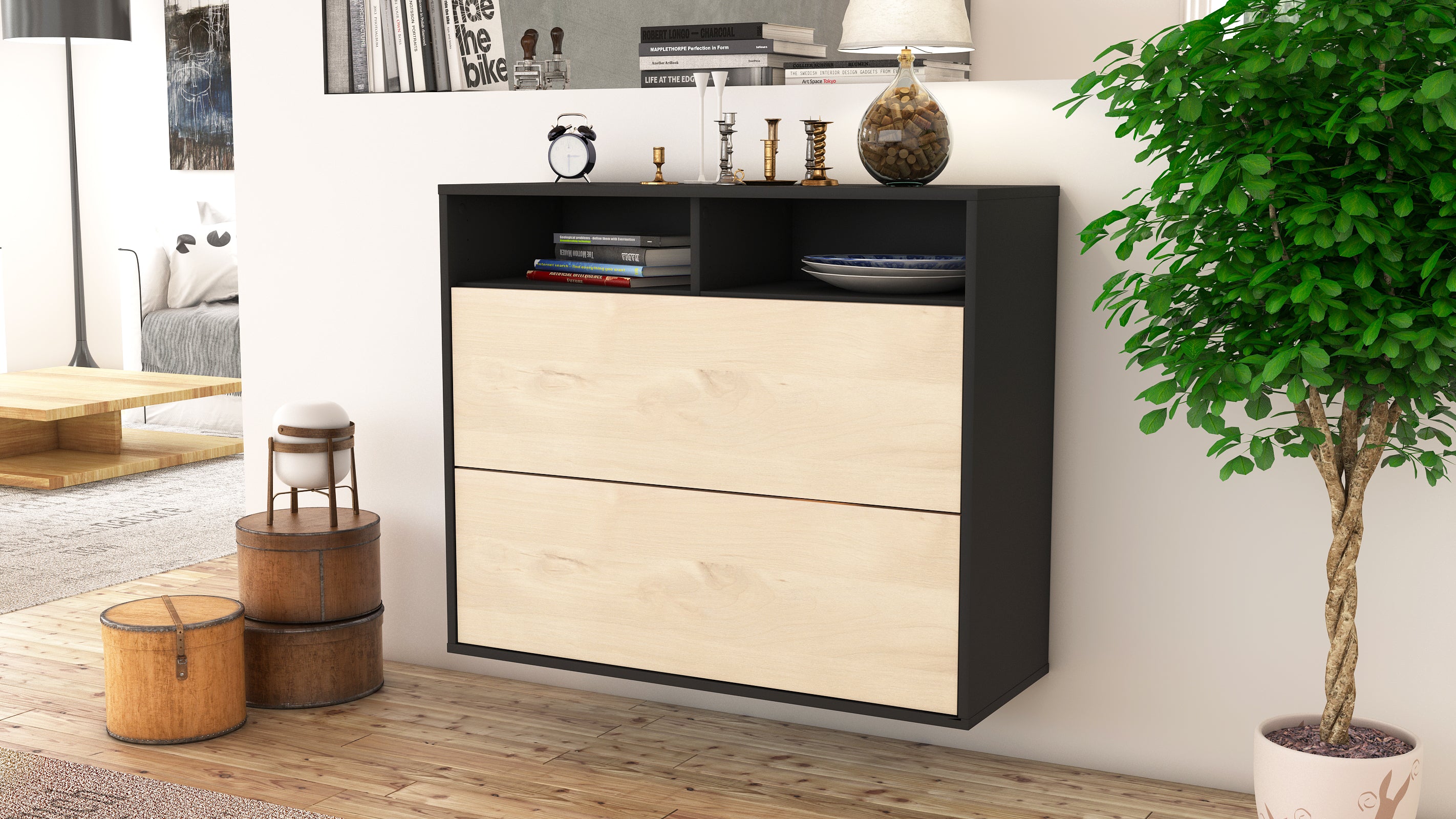 Sideboard - Cosma - Design Holzdekor - Wandmontiert mit Push to open  92 cm Anthrazit