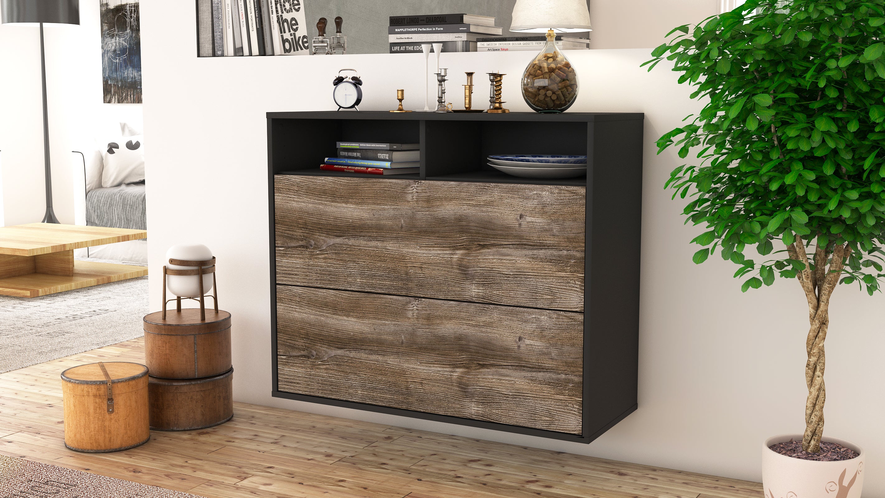 Sideboard - Cosma - Design Holzdekor - Wandmontiert mit Push to open  92 cm Anthrazit