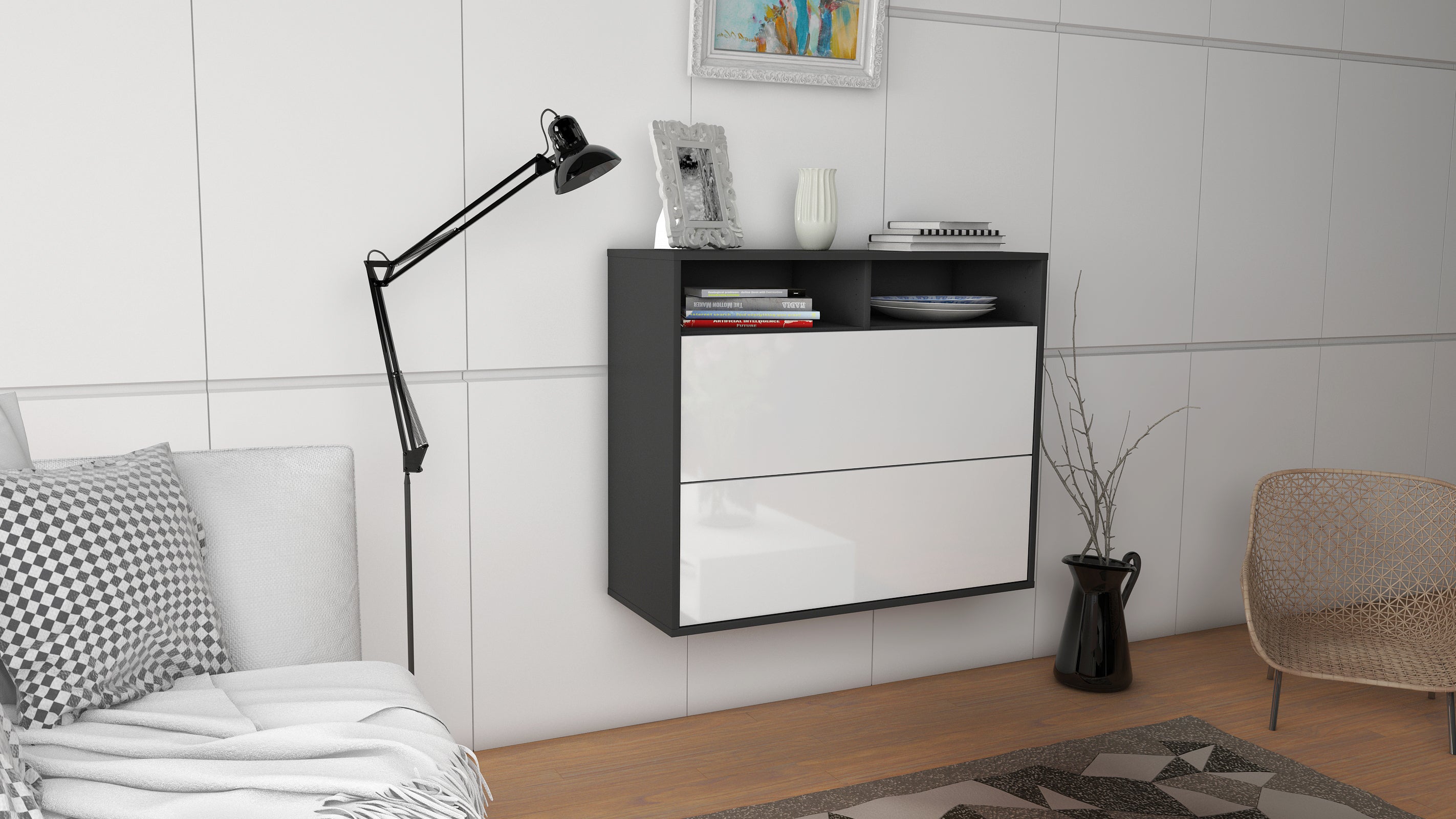 Sideboard - Cosma - Design Hochglanz - Wandmontiert mit Push to open  92 cm Anthrazit