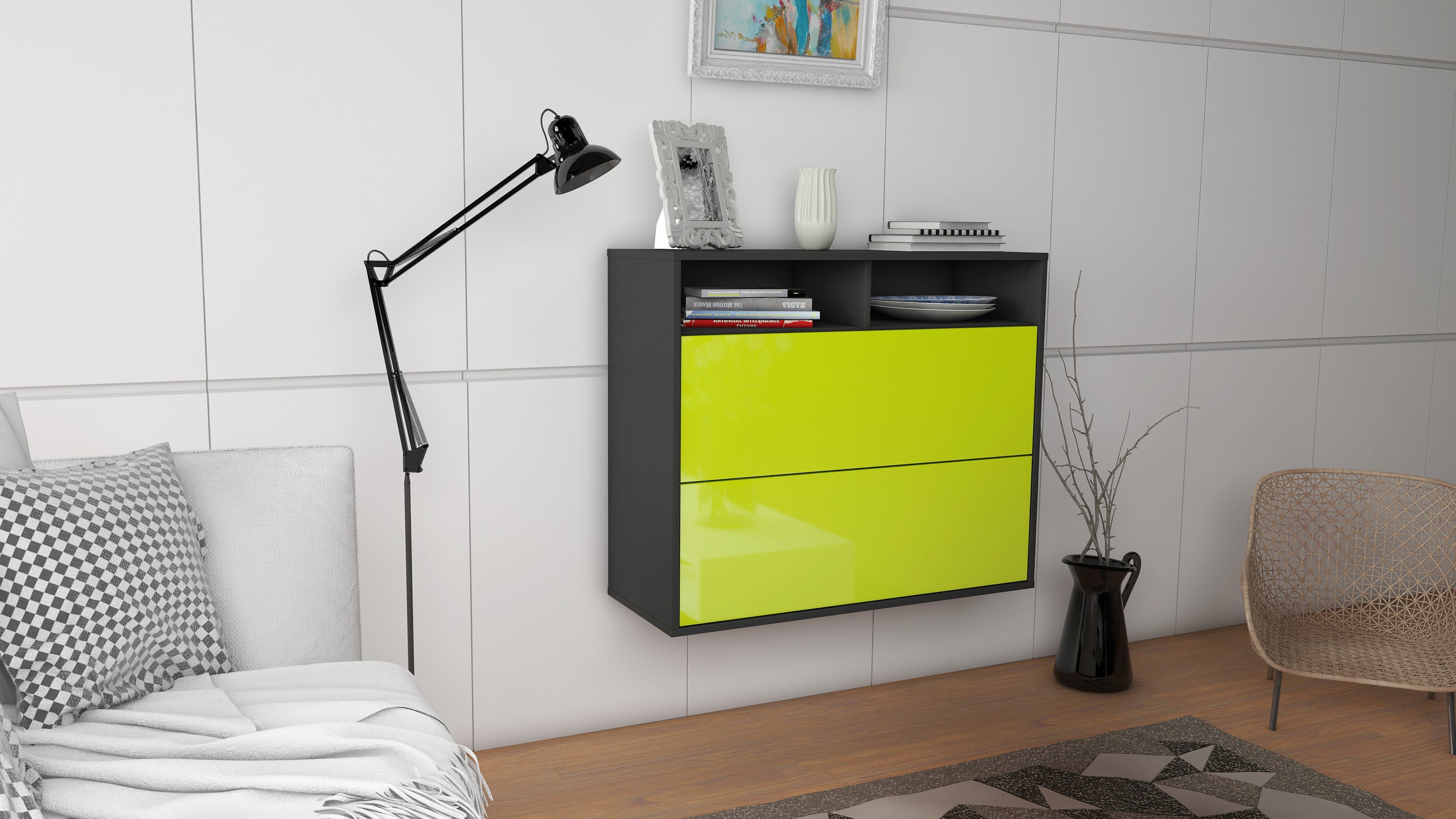 Sideboard - Cosma - Design Hochglanz - Wandmontiert mit Push to open  92 cm Anthrazit