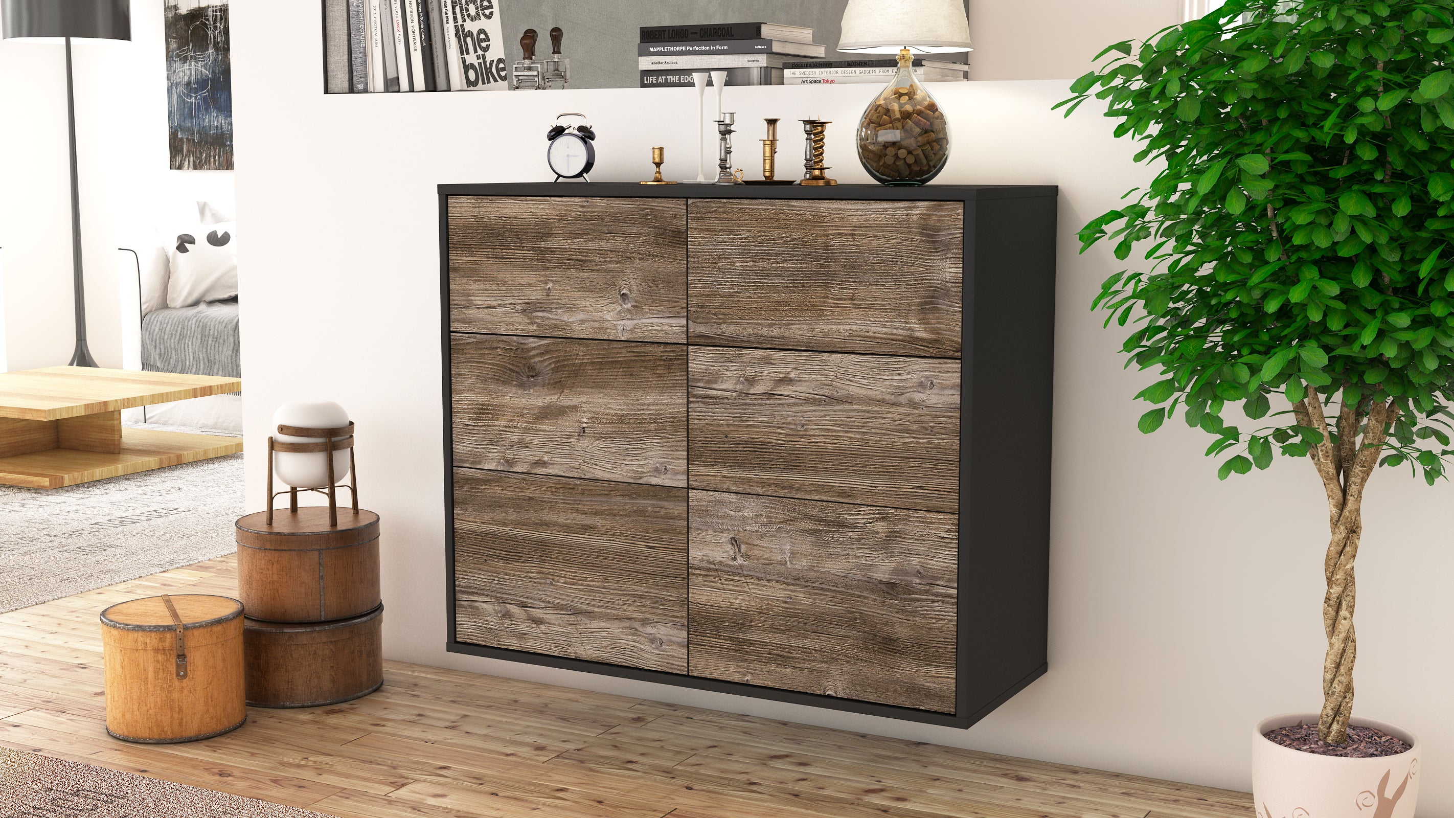 Sideboard - Dalida - Design Holzdekor - Wandmontiert mit Push to open  92 cm Anthrazit