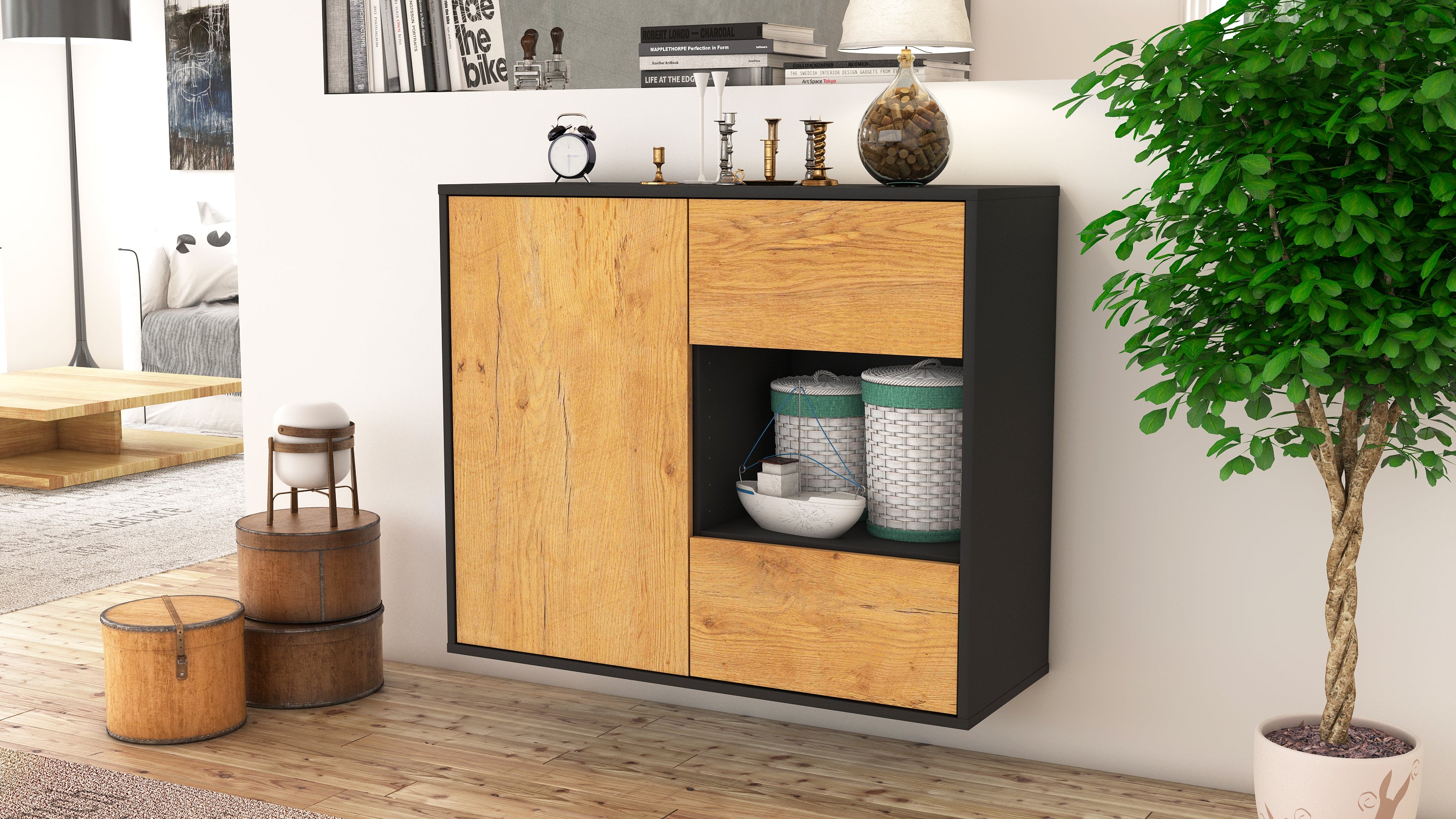 Sideboard - Danica - Design Holzdekor - Wandmontiert mit Push to open  92 cm Anthrazit