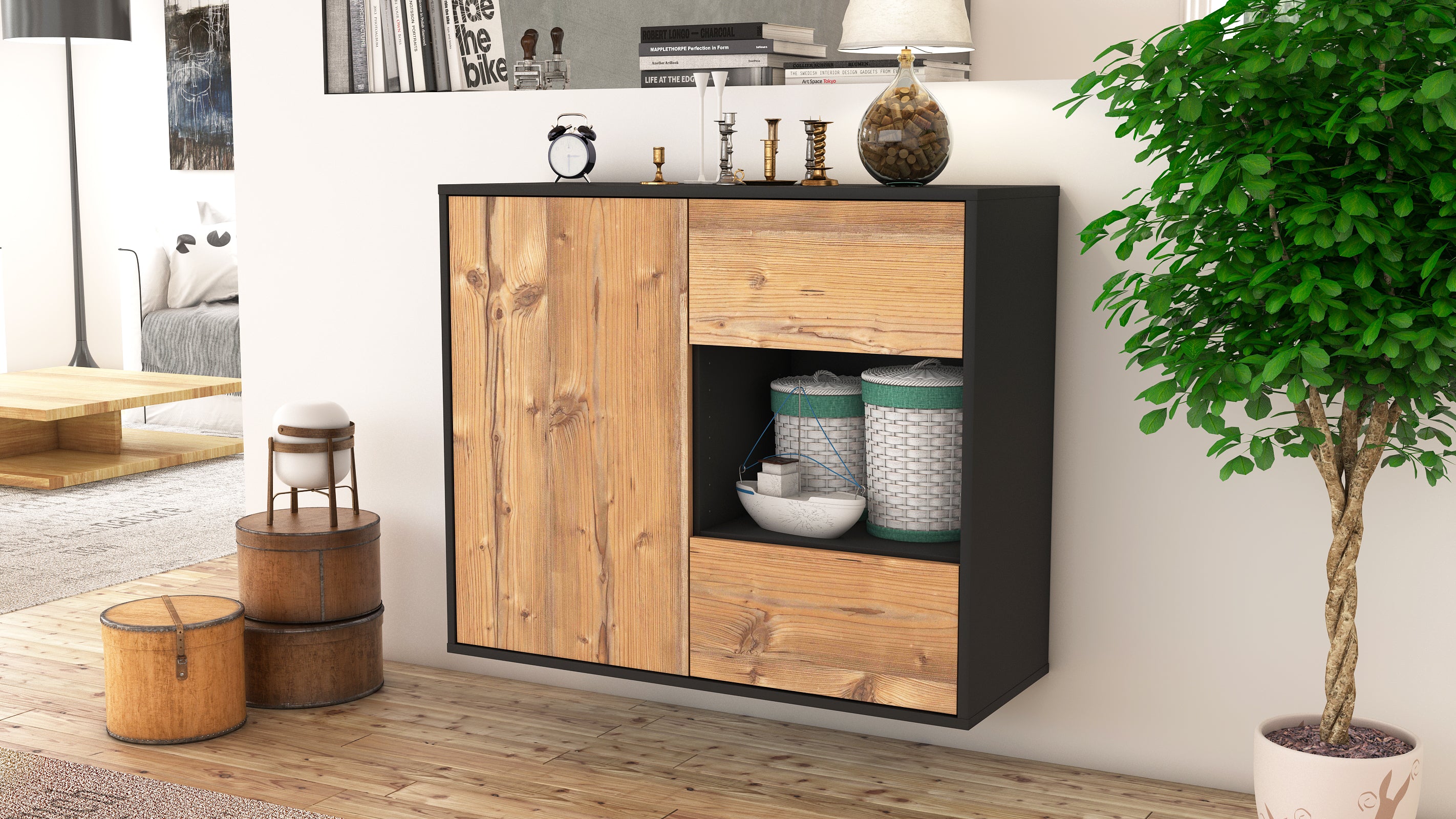 Sideboard - Danica - Design Holzdekor - Wandmontiert mit Push to open  92 cm Anthrazit