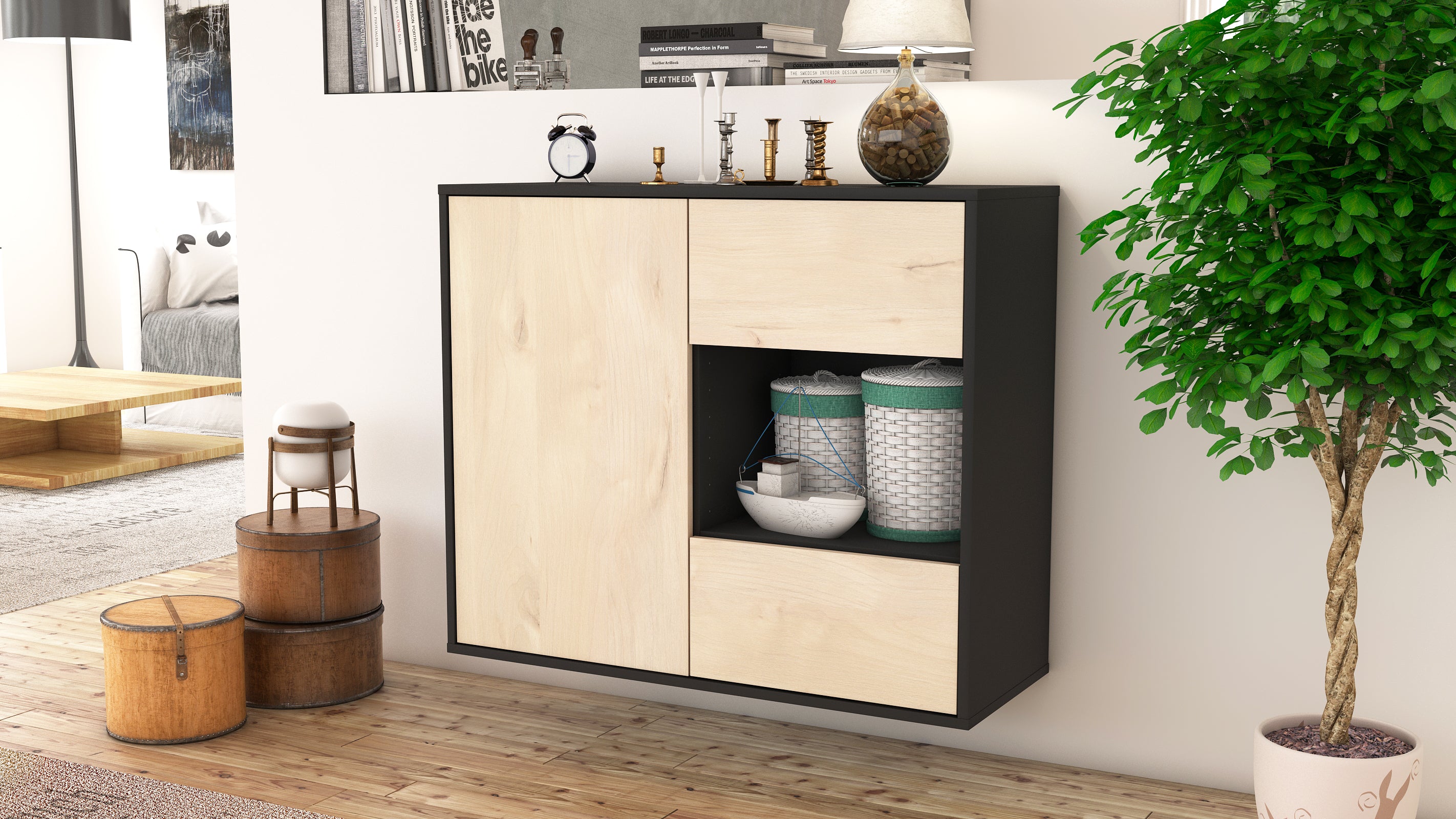 Sideboard - Danica - Design Holzdekor - Wandmontiert mit Push to open  92 cm Anthrazit