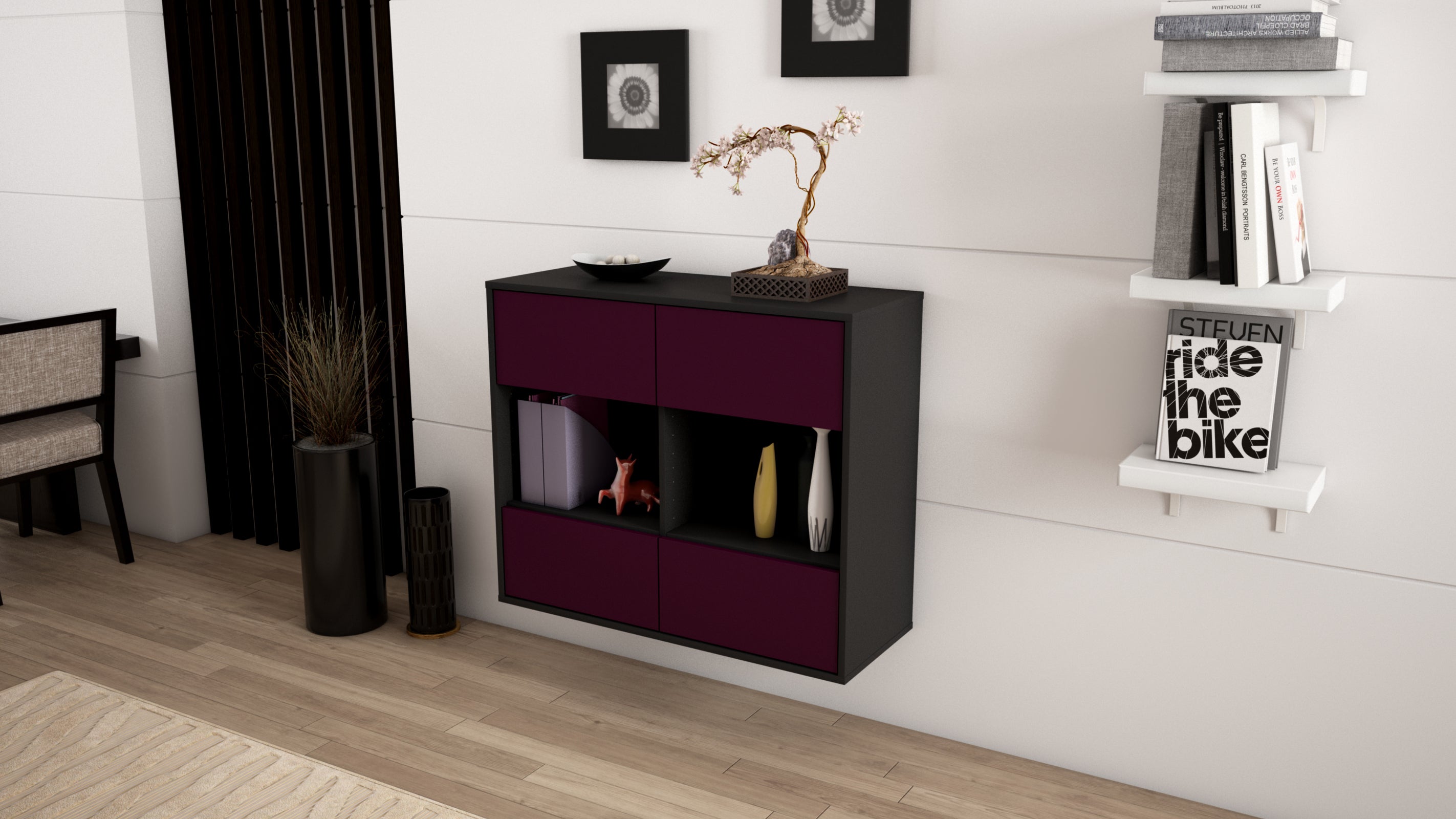 Sideboard - Daniela - Design Farbakzent - Wandmontiert mit Push to open  92 cm Anthrazit