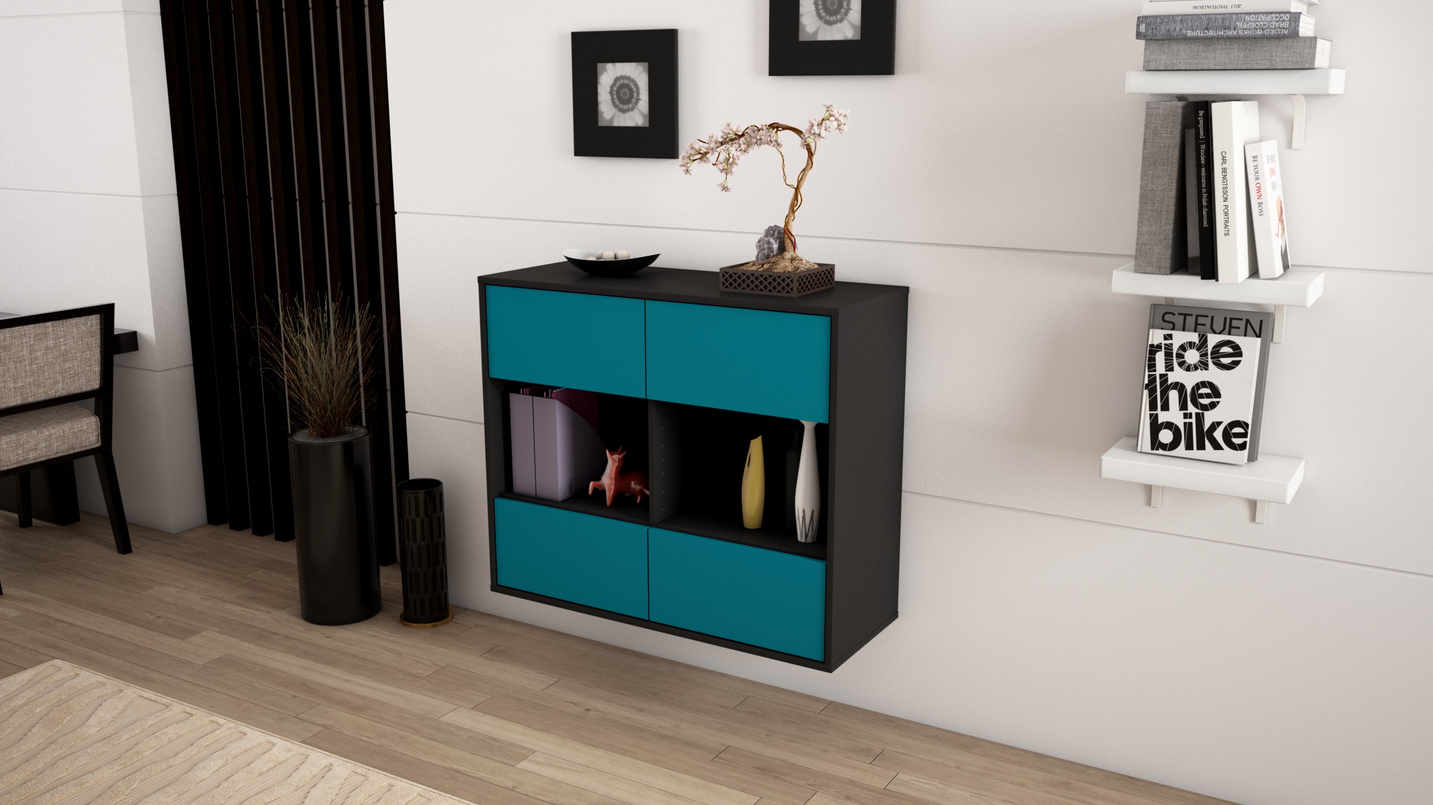 Sideboard - Daniela - Design Farbakzent - Wandmontiert mit Push to open  92 cm Anthrazit