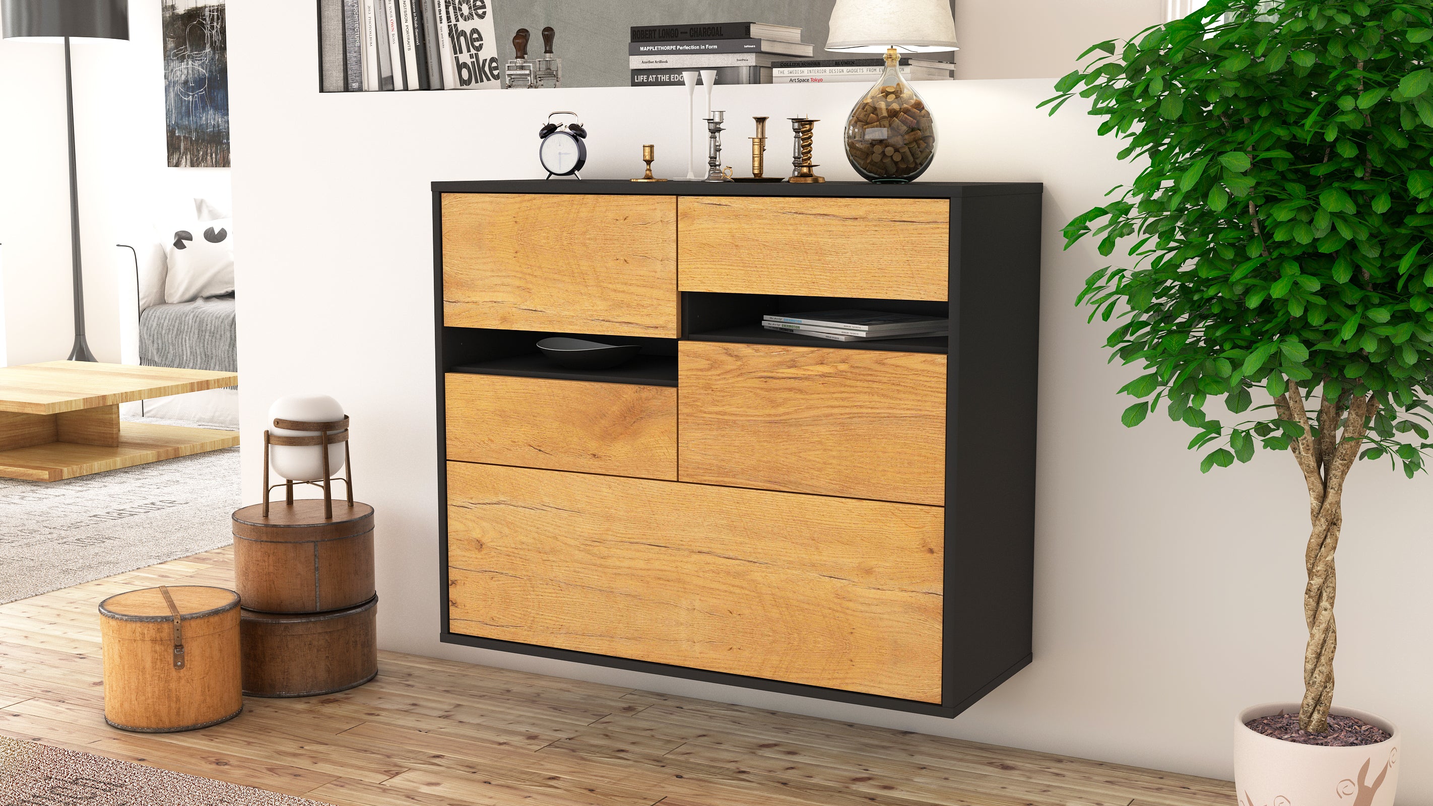 Sideboard - Daria - Design Holzdekor - Wandmontiert mit Push to open  92 cm Anthrazit