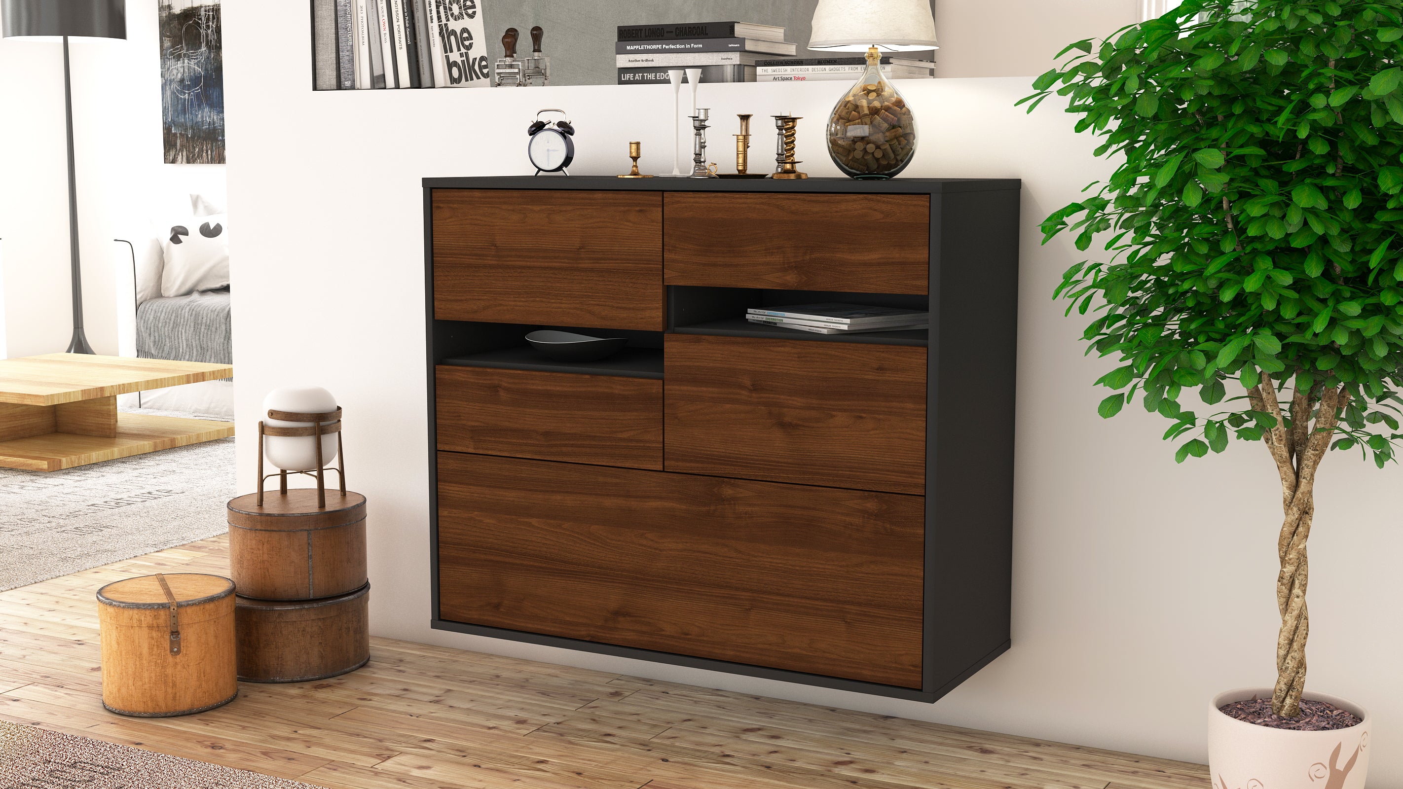 Sideboard - Daria - Design Holzdekor - Wandmontiert mit Push to open  92 cm Anthrazit