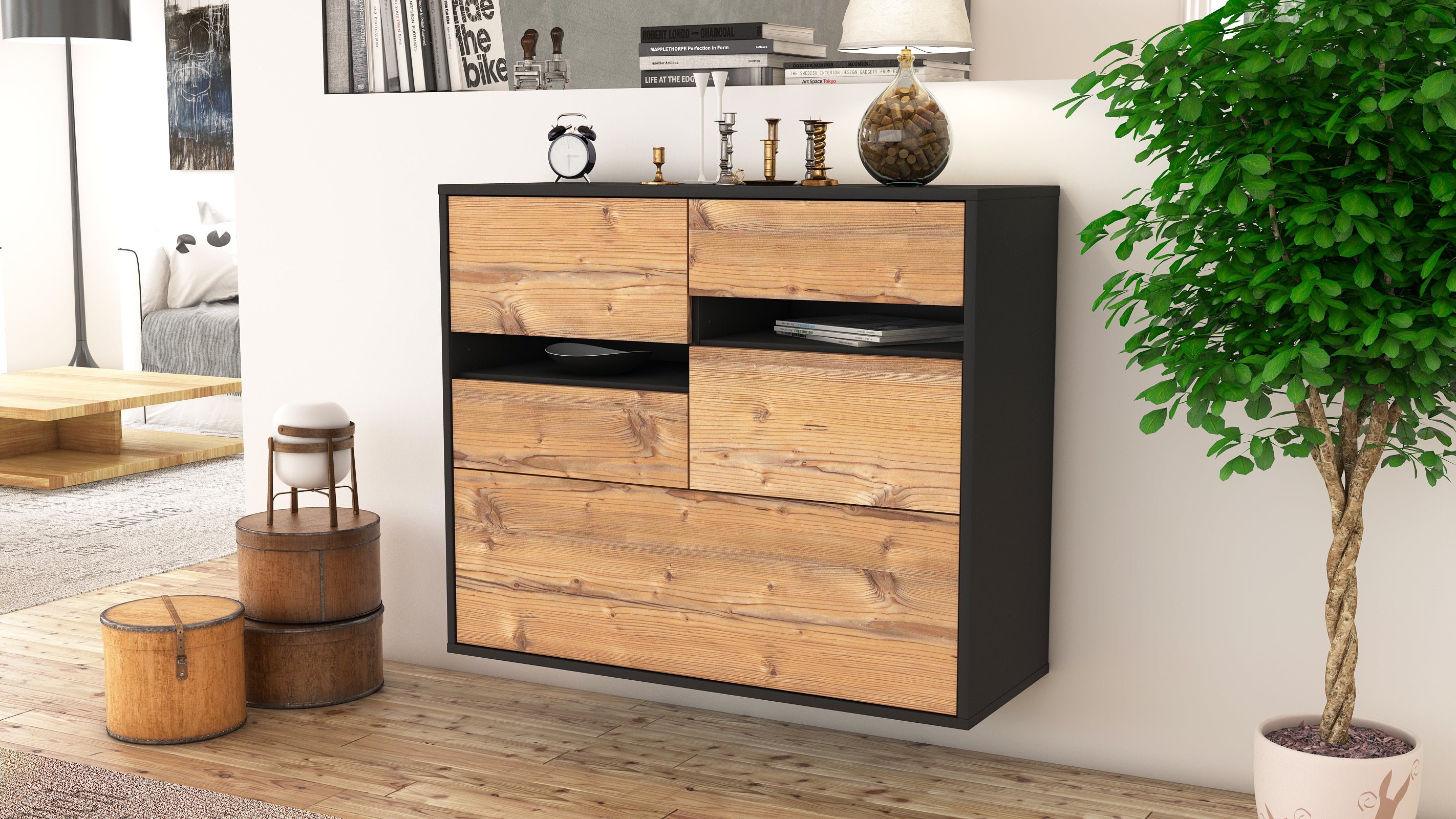 Sideboard - Daria - Design Holzdekor - Wandmontiert mit Push to open  92 cm Anthrazit