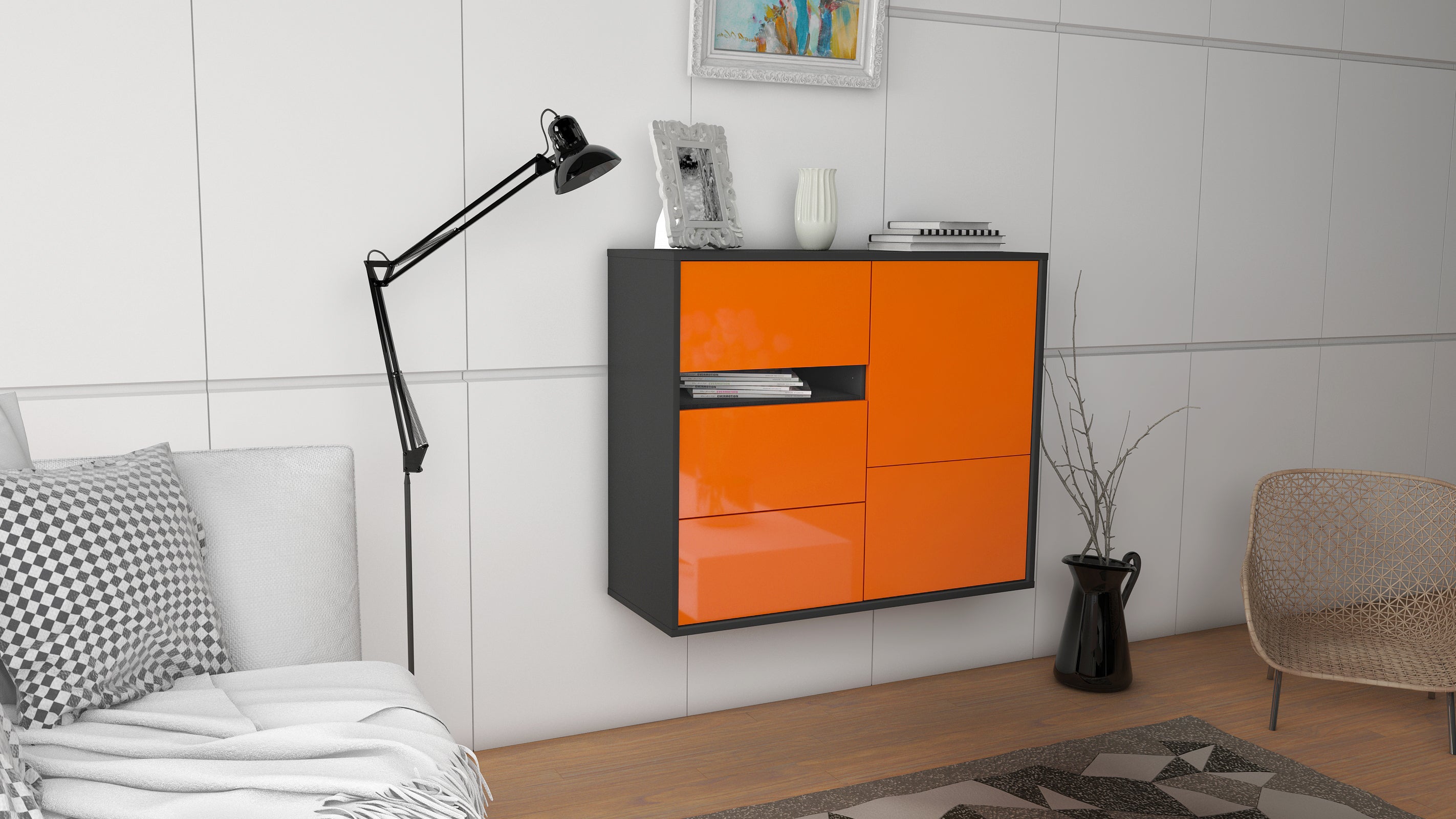 Sideboard - Davina - Design Hochglanz - Wandmontiert mit Push to open  92 cm Anthrazit